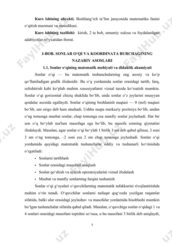ining abstrakt fikrlash qobiliyatini oshiradi. sonlar o‘qi yordamida murakkab matematik tushunchalar ham bosqichma-bosqich tushuntirilishi mumkin. masalan, sonlarning manfiy va musbatligi, ularning tartibi, noldan kichik va kattalar, shuningdek arifmetik amallar — bularning barchasi grafik yordamida ko‘rsatilib, o‘quvchilarga tushunarli bo‘ladi. misol uchun, o‘quvchi sonlar o‘qida –2 sonini topa olishi, undan chap tomonga manfiy sonlar joylashganligini tushunishi, 0 dan o‘ng tomonga esa musbat sonlar borligini bilishi kerak. bu matematika asoslarini mustahkamlaydi va keyingi mavzularni o‘rganishni osonlashtiradi. misollar bilan yondashuv 1. sonlar o‘qida joylashgan sonlarni toping: –3, 0, 2, –1, 4. ushbu sonlar sonlar o‘qida joylashtirilganida quyidagicha ko‘rinadi: ←|———–|———–|———–|———–|———–|———–|———|→ -3 -2 -1 0 1 2 3 4 bu yerda –3 eng chap, 4 eng o‘ngda joylashgan. 2. sonlar o‘qida 1 dan 5 gacha bo‘lgan sonlar orasidagi masofani toping. 1 va 5 o‘q bo‘ylab 4 birlik masofada joylashgan. algebraik ifoda bilan: |5 – 1| = 4 3. grafikda –2 + 3 amalini bajaring. –2 nuqtadan …