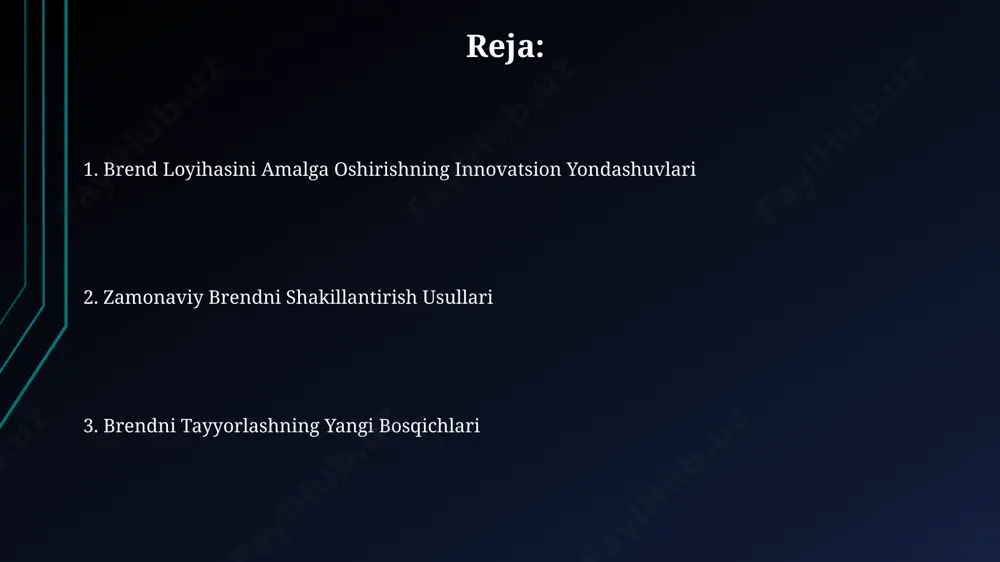 sezilarli darajada oshirishga yordam beradi. brendni tayyorlashning yangi bosqichlari "lean brending" yondashuvi bilan, toshkentdagi 10 ta kompaniya 2024 yilga kelib, marketing xarajatlarini 15% ga kamaytirish va brend xabardorligini 30% ga oshirishni rejalashtirmoqda. sirdaryo viloyatida joylashgan 7 ta korxona, mijozlar bilan o'zaro aloqani kuchaytirish maqsadida, 2025 yilgacha yangi virtual aloqa platformasini joriy etish orqali brend loyihalashtirish jarayoniga katta o'zgarishlar kiritmoqda. brendning qiymatini oshirish usullari брендга 15-25 ёшли ёшларни нишонга олиб, ижтимоий тармоқлардаги таъсирчанлар билан ҳамкорлик қилиш орқали, тошкент шаҳри мисолида, бренднинг танишувчанлигини 30% га ошириш мумкин. бренднинг қийматини ошириш учун 2023 йилда 50 тадан ортиқ мамлакатда қўлланилаётган "оммавий тарқатиш" стратегиясини самарали жорий этиш муҳим. бунинг учун маҳсулот сифати ва мижозлар билан муносабатларни яхшилаш зарур. brend strategiyasini ishlab chiqishning innovatsion yondashuvlari brend strategiyasini ishlab chiqishda 5 ta turli xil iste’molchi segmentlarini aniqlash va ularning 30% gacha boʻlgan ehtiyojlariga moslashtirilgan yondashuvlarni qoʻllash, masalan, toshkentdagi yoshlar segmentiga yoʻnaltirilgan kampaniyalar. brend loyalligini oshirish uchun 7 …