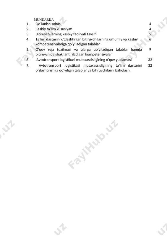 ng bitiruvchisi keyinchalik kasbiy ta’limini chuqurlashtirish maqsadida: kadrlar malakasini oshirish tizimida, tarmoq о‘quv muassasalarida va maxsus kurslarida malakani oshirishi; kasbiy faoliyatning tegishli sohasida yanada yuqoriroq malakaga erishish maqsadida oliy ta’lim muassasasida о‘qishni davom ettirishi mumkin. 2.4. о‘qishga qabul shartlari. о‘qishga qabul shartlari amaldagi qonunchilik asosida amalga oshiriladi. 3. bitiruvchilarning kasbiy faoliyati tavsifi 3.1. bitiruvchining kasbiy faoliyat sohasi: avtotransport vositalarida tashish logistik markazlarida ishlatiladigan qurilma va jihozlar jarayonlarini ishlab chiqish, logistik jarayonlarni boshqarish va servis xizmatlar jarayonini ishlab chiqish, qurilma va jihozlardan foydalanish ishlarini tashkil etish, avtotransport logistik markazlarida ishlatiladigan qurilma va jihozlarni tuzilishi bilish, avtomobillar tuzilishi va texnik xizmat kо‘rsatish, xarakat xavfsizligini tashkil etish va nazorat qilish, tarmoq va korxona iqtisodiyotini ishlari, logistik markazlarda ishlatiladigan kurilma va jixozlarni boshqarishning axborot tizimlari va axborat xavfsizligini tashkil etish va nazorat qilish, avtotransport logistik markazlarida ishlatiladigan qurilma va jihozlar ishlarni mehnat muhofazasi qoidalariga amal qilgan holda bajarish. 3.2. bitiruvchining kasbiy faoliyat obyektlari: 3.2.1 …