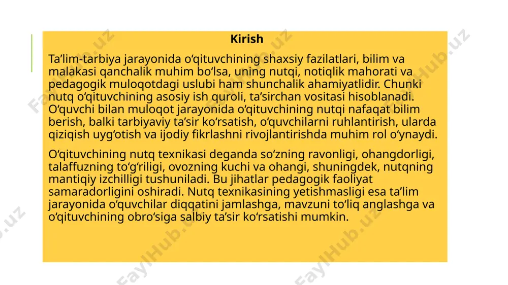 g barcha bosqichlarida o‘qituvchining obro‘sini oshiradi, o‘quvchilarning unga bo‘lgan ishonchini kuchaytiradi. 5. o‘qituvchi nutq texnikasi va notiqlik madaniyatini rivojlantirish yo‘llari o‘qituvchi nutq texnikasi va notiqlik madaniyatini rivojlantirish jarayoni uzluksiz bo‘lishi kerak. buning uchun quyidagi yo‘llar muhim: maxsus mashqlar orqali to‘g‘ri nafas olish va talaffuzni mashq qilish; badiiy adabiyotlarni o‘qish va ularni ifodali o‘qish; o‘z nutqini yozib olib, tahlil qilish va kamchiliklarni bartaraf etish; notiqlik san’ati bo‘yicha adabiyotlar o‘rganish; tajribali notiqlar va ustozlarning nutqlarini kuzatib, ulardan saboq olish. natijada, o‘qituvchi nafaqat bilim beruvchi, balki nutqi bilan o‘quvchini ilhomlantiruvchi, unda ijobiy his-tuyg‘ular uyg‘otuvchi yetuk shaxs sifatida shakllanadi. e’tiboringiz uchun rahmat image2.jpg image3.png image4.png image5.png image6.png /docprops/thumbnail.jpeg