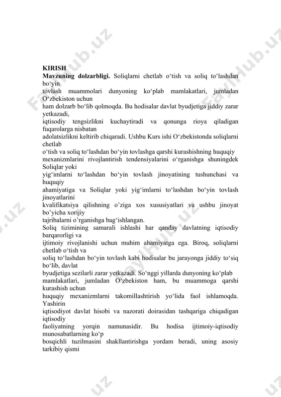 ahamiyatga ega. biroq, soliqlarni chetlab o‘tish va soliq to‘lashdan bo‘yin tovlash kabi hodisalar bu jarayonga jiddiy to‘siq bo‘lib, davlat byudjetiga sezilarli zarar yetkazadi. so‘nggi yillarda dunyoning ko‘plab mamlakatlari, jumladan o‘zbekiston ham, bu muammoga qarshi kurashish uchun huquqiy mexanizmlarni takomillashtirish yo‘lida faol ishlamoqda. yashirin iqtisodiyot davlat hisobi va nazorati doirasidan tashqariga chiqadigan iqtisodiy faoliyatning yorqin namunasidir. bu hodisa ijtimoiy-iqtisodiy munosabatlarning ko‘p bosqichli tuzilmasini shakllantirishga yordam beradi, uning asosiy tarkibiy qismi takror ishlab chiqarish sektori bo‘lib, davlat organlarining bilimi va nazoratisiz amalga oshiriladi. bu sektor iqtisodiy tovarlar va xizmatlar aylanishining barcha jabhalariga, jumladan, ularni ishlab chiqarish, taqsimlash, ayirboshlash va iste’mol qilishga ta’sir ko‘rsatadi, shu bilan birga rasmiy statistika ma’lumotlari tomonidan e’lon qilinmagan. qisqa qilib aytganda o‘zbekistonda soliqlarni chetlab o‘tish va soliq to‘lashdan bo‘yin tovlashga qarshi kurashishning huquqiy mexanizmlarini rivojlantirish tendensiyalari shuningdek soliqlar yoki yig‘imlarni to‘lashdan bo‘yin tovlash 4 jinoyatining tushunchasi va huquqiy ahamiyati va soliqlar yoki yig‘imlarni to‘lashdan bo‘yin tovlash jinoyatlarini kvalifikatsiya …