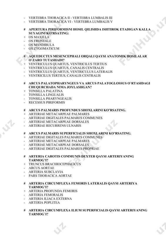 s - arteria femoralis - arteria iliaca externa - arteria poplitea # arteria circumflexa ilium superficialis qaysi arteriyaning tarmog`i? + arteria femoralis - arteria profunda femoris - arteria iliaca externa - arteria iliaca interna # arteria collateralis media qaysi arteriya tarmog’i hisoblanadi? + arteria profunda brachii - arteria brachialis - arteria ulnaris - arteria radialis # arteria collateralis ulnaris superior qaysi arteriya tarmog’i hisoblanadi? + arteria brachialis - arteria ulnaris - arteria radialis - arteria interossea anterior # arteria coronaria dextraning yirik shoxchasini ko'rsating. + ramus interventricularis posterior - ramus interventricularis anterior - ramus circumflexus - ramus lateralis # arteria epigastrica inferior qaysi arteriyaning tarmog’i? + arteria iliaca externa - arteria iliaca interna - aorta abdominalis - aorta thoracica # arteria epigastrica superficialis qaysi arteriyaning tarmog’i? + arteria femoralis - arteria iliaca interna - aorta abdominalis - aorta thoraсiсa # arteria facialis nimani qon bilan ta’minlaydi? + musculi facialis - …