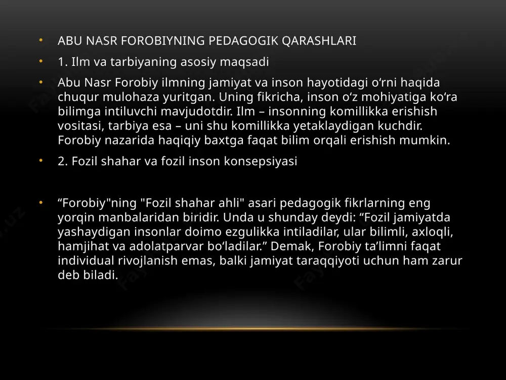 gan. u ta’limda ko‘r-ko‘rona yod olishni emas, balki anglash, tahlil qilish va tadqiq qilishni ustun qo‘ygan. 2. tajriba va kuzatuvga asoslangan metod beruniy tabiatshunoslik, astronomiya, matematika kabi fanlarni o‘rganishda ko‘z bilan ko‘rish, qo‘l bilan sinash, aql bilan tushunishni birlashtirgan. bu, zamonaviy pedagogikada "empirik yondashuv" deb ataladi. 3. erkin fikrlashni rag‘batlantirish u o‘quvchining mustaqil fikr yuritishini, savollar berib ilmiy izlanishlarga kirishishini qadrlagan. beruniy o‘zi yozgan asarlarida tez-tez savol-javob usulidan foydalanadi, bu esa dialogik o‘qitish uslubining ilk namunalaridan biri sanaladi. 4. o‘zbek va fors tillarining o‘quv jarayonidagi ahamiyati beruniy ilmning murakkab g‘oyalarini ham oddiy tilda tushuntirishni muhim deb hisoblagan. bu esa ta’limda ona tilining rolini ko‘rsatadi. u yoshlarning tushunishi uchun o‘z tilida ta’lim berishni afzal deb bilgan. 5. o‘qituvchi shaxsiga yondashuvi beruniy ustozni: ilmiy izlanishga rahbarlik qiluvchi, o‘quvchini fikrlashga o‘rgatuvchi, savol berishga undovchi shaxs sifatida ko‘radi. forobiy va beruniy pedagogik qarashlarining umumiy va farqli tomonlari mezoni forobiy beruniy ilmga yondashuvi ilm – …