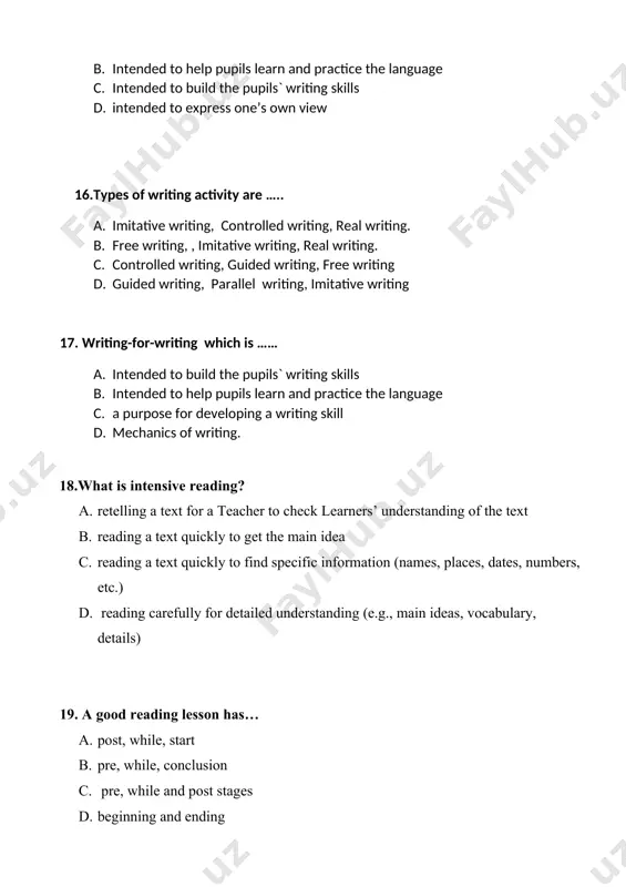 non- communicative tests? a. dictation and cloze tests b. dictation and essay writing c. role- play and letter writing d. problem solving and oral interview 28. what are the communicative tests? a. role- play and letter writing b. dictation and cloze tests c. dictation and essay writing d. oral interview and cloze tests. 29. imitative writing performance is to assess…… a. discourse level b. grammatical features c. vocabulary within a context d. the ability to spell correctly and to perceive phoneme –grapheme correspondence. 30. what are the literacy tasks at the beginning level of reading? a. reading aloud and written response. b. extending and compression c. note –taking and outlining d. picture- cued and note –taking