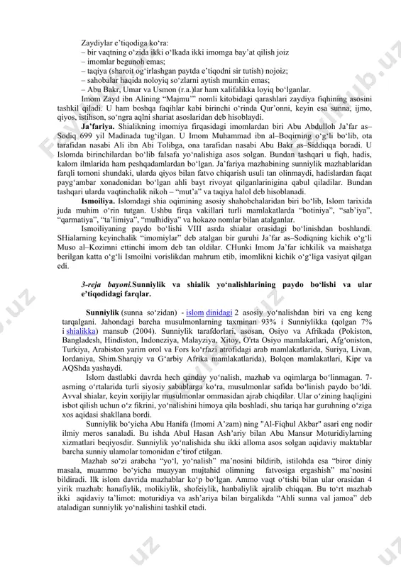 keldilar. muhojirlar xalifani quraysh qabilasidan saylanishini xohlar edilar. chunki quraysh qabilasi arabiston yarim orolida nufuzi yuqori edi. agar xalifa boshqa qabiladan saylansa, davlat ichida fitna oralashi shubxasiz, chunki muxojirlar birinchilardan bo‘lib payg‘ambarga iymon keltirganlar va makka mushriklarining azoblarini birga totgan edilar. ansorlar esa muhojirlardan ko‘ra xalifalikka o‘zlarini xaqliroq deb bilardilar. ular payg‘ambar qiyin axvolda qolganda unga yordam qilganlar va o‘z shaharlarining to‘rini bo‘shatib bergandilar va u bilan birga mushriklarga qarshi elkama-elka turib jang qilgan edilar. muhojirlar xalifalikka quraysh qabilasining nomzodini qo‘yar ekanlar, payg‘ambarning “imomlik quraysh xaqqi”, “imomlik qurayshdan, qozilik ansordan va azon chaqirish esa xabashdandir” - degan hadislarini dalil qilar edilar. ular xalifalikka umar ibn al-xattob yoki abu ubayda ibn jarroxning nomzodini ko‘rsatardilar. mazkur xalifalikka nomzodlar orasida payg‘ambarning urug‘idan xalifa saylanish tarafdorlari ham bor edilar. ular ali ibn abi tolib, abbos, zubayr, fotima va boshqa xoshim urug‘ining vakillari edi. ular xalifalikka payg‘ambar oilasidan boshliq saylash ishtiyoqida edilar. bu guruh xalifalikka …
