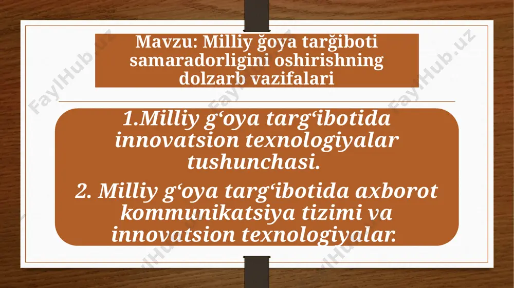 va yangicha yondashuvlarni taqozo etadi. uchinchidan, sanoat va boshqa texnologiyalarning auditoriyaga uzluksiz kirib kelishi va jonli o‘quv obektlariga aylanish o‘qituvchining an’anaviy metodika doirasidan chiqib ketishiga va tabiiy ravishda, texnologik yondashuvlarni qo‘llashga ehtiyojni tug‘dirmoqda. bu jarayonlarni amalga oshirishning asosiy yo‘llaridan biri-milliy g‘oyani targ‘ib qilish texnologiyalaridan foydalanish hisoblanadi. “texnologiya” tushunchasi, keng ma’noga ega. u insonning aniq, murakkab jarayonni kema-ket o‘zaro bog‘liq muolaja va amallar tizimiga taqsimlash orqali kafolatli natijalarga erishish maqsadida amalga oshiriladigan usullar, vositalar, yo‘nalishlar tushuniladi. shu bilan birga “texnologiya” tushunchasi xx asrning ikkinchi yarmidan boshlab jamoatchilik ongiga mustahkam o‘rnashdi hamda ilmiy va amaliy tafakkurning o‘ziga xos yo‘nalishi bo‘lib qoladi. uning regulyativ ta’siri shundaki, u tadqiqotchi va amaliyotchilarni insoniy faoliyatning barcha jabhalariga, jumladan, ta’lim sohasiga ham undaydi: jarayonning natijaviyligini asoslashga ro‘baro‘ kelishi; fan va tajribalarning so‘nggi yutuqlaridan talab qilingan natijalarni olishni kafolatlash uchun safarbar qilish; faoliyatni intensiv, ya’ni yuqori ilmiy asosda qurish (aksincha, kuch vaqt va resurslarni bekorga sarflashga olib keladigan …