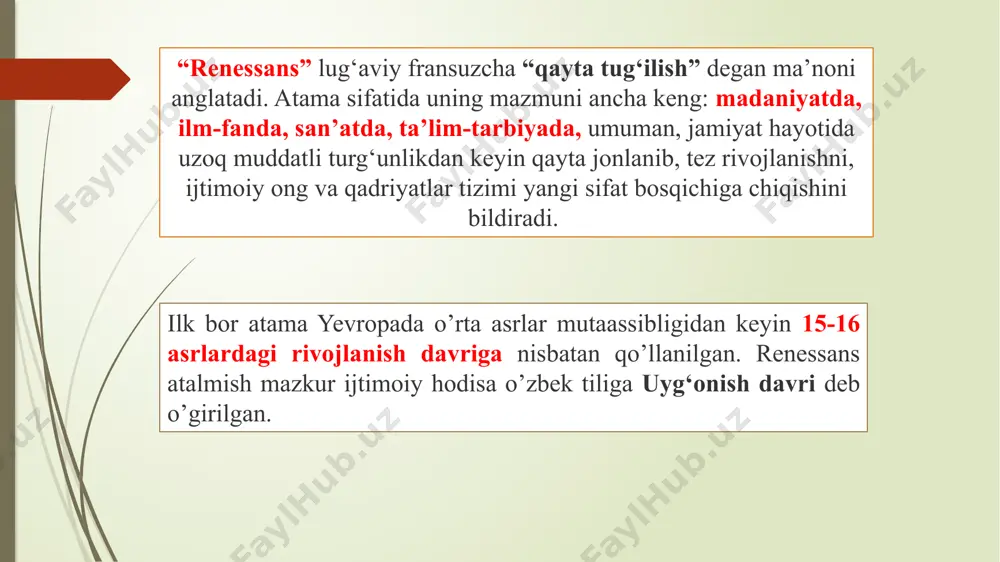 chisi xiv asr oxirgi choragi — xvi asr birinchi choragi. birinchi renessansda yurtimizdan farg‘oniy, xorazmiy, forobiy, beruniy, ibn sino, yusuf xos hojib, mahmud qoshg‘ariy, mahmud zamaxshariy kabi buyuk daholar, buyuk muhaddislar — buxoriy, termiziy, mutakallimlar — moturidiy va abul muin nasafiy hamda boshqa atoqli dunyoviy va diniy allomalar shuuri olamni yoritdi. ikkinchi renessansda — ulug‘bek, g‘iyosiddin jamshid koshiy, qozizoda rumiy, ali qushchi, lutfiy, jomiy, navoiy, behzod, buyuk me’morlar, bastakorlar, musavvirlar, tarixchilar chiqib, bugun ham dunyoni lol qoldirayotgan asarlar yaratdilar. g'arbiy yevropada uyg'onish davri deb atalgan davr xiv-xv asrlarni o’zichiga qamrab olgan va yevropa madaniyatining eng buyuk davri deb hisoblanadi. bu davr olamga nikolay kuzanskiy, mishel monten, leonardo da vinchi, dj. bruno, va ko’pgina boshqa buyuk mutafakkirlar va daholarni berdi. falsafa tarixida uyg'onish davrining ahamiyati mavzusida mashhur rus tadqiqotchisi gorfunkel quyoshdagi fikrlarni bayon etadi. uning fikricha gegel va vindelband bu davrni o’rta asr sxolastik falsafasidan g'arbiy yevropaning yangi davr falsafasiga o’tish …