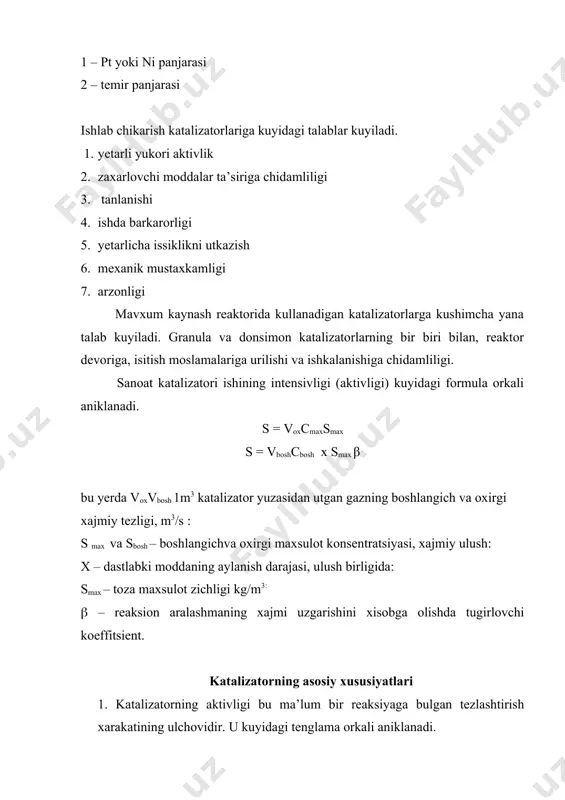 rgiya aktivatsiyaning pasayish kuvvati yekat , ye – katalizatorli va katalizatorsiz reaksiyaning aktivatsiya kuvvati. xarakatlantiruvchi kuch doimiy bulganda a a = vkat – v (1 – φkat) formuladan aniklanadi umuman olganda katalizator aktivligi bir muncha parametirlarga funksional boglik buladi: a= f (ckat , sa, sbosh, smax ,sar, t, r, ssol, dzar , che govak , mbosh , mmax…) 2. yenish temperaturasi. ta’sirlashaetgan moddalarning minimal temperaturasi jaraen ketishini va tezligini amaliy jixatdan ta’minlasa, bu temperatura katalizatorning yenish temperaturasi deyiladi. katalitik jaraen kanchalik past xaroratda ketsa, shu reaksiyadagi katalizator aktiv xisoblanadi. 3. katalizator selektivligi yeki tanlanishi. kupincha asosiy reaksiya bilan bir vaktda parallel reaksiyalar sodir bo‘ladi. katalizator esa shu reaksiyalarning fakat bittasini tezlashtirib, kolganiga ta’sir etmasligi mumkin, organik sintezlarda bunday kataliz muxim axamiyatga ega. gas. max.gas. max skat == gum. bosh. gas. + g qo‘sh. bu yerda: gas max asosiy maxsulotga aylanadigan dastlabki moddalar mikdori mol yeki kg, gkush – kushimcha maxsulotga …