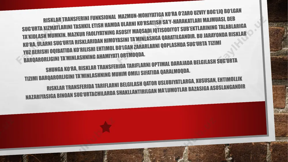 kasi brutto-stavka sifatida qaraladi va u ikki qismdan: netto-stavka (sug‘urta qoplamasi to‘lovlari uchun zaxira summasi) ug‘urtachining faoliyat yuritish xarajatlaridan (odatda u «yuk» deb ataladi) sug‘urta shartnomasi bo‘yicha qancha sug‘urta turi sug‘urtalanayotgan bo‘lsa, netto-stavka ham shuncha qismdan iborat bo‘ladi. masalan, hayotni aralash sug‘urtalash bo‘yicha netto-stavka belgilangan davrgacha yashaganligi uchun, o‘lim holati yuz berganligi uchun, mehnat faoliyatini yo‘qotish holati uchun kabi netto-stavkalardan tashkil topadi. «yuk»da sug‘urta ishini olib borish xarajatlari aks etadi. u quyidagi qismlarni o‘z ichiga oladi: ma’muriy-xo‘jalik xarajatlari (uning asosini tashkilot shtatidagi xodimlarga to‘lanadigan maoshlar summasi tashkil etadi) sug‘urta polislarini joylashtirganligi uchun haqlar sug‘urta agentlari, menejerlar uchun haqlar tarifni aniqlash uslubiyati, tarif stavkasi va uning dastlabki ma’lumotlar manbasi, netto-stavka va «yuk» ulushlari ko‘rsatilgan holda tarif hisob-kitoblari maxsus vakolatli davlat organiga taqdim etiladi. mazkur organ tomonidan ruxsat berilganidan so‘ng sug‘urta tashkiloti o‘zi hisoblab chiqqan sug‘urta tarifini qo‘llash huquqiga ega bo‘ladi. har bir sug‘urta shartnomasi bo‘yicha sug‘urta tarifining hajmi sug‘urta ob’ektini tavsiflovchi …