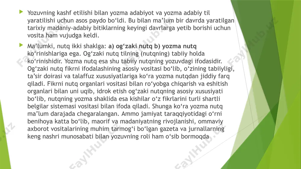 anganlar. so‘nggi yozuvlarning aksariyati fonografik, ya’ni tovush yozuvi - harfiy yozuvdan iborat bo‘lgan. hozirgi paytda jahon ahlining to‘rtdan uch qismi yozuvning mazkur turidan foydalanadi. o‘zbek xalqi ham arab yozuvini qabul qildi. xususan, bu yozuvda yaratilgan ilk turkiy tilga oid manbalar xi asrga taalluqli bo‘lib, «qutadg‘u bilig»ning namangan va qohira nusxalaridir. shuningdek, «devonu lug‘atit turk», «muhabbatnoma» kabi asarlar ham arab xatida yaratilgan qadimiy manbalardandir. garchi bu yozuv o‘zbek va boshqa turkiy xalqlar tili xususiyatlariga to‘la mos kelmasa ham, asrimizning boshlariga qadar, aniqrog‘i, 1929-yilgacha yaratilgan nihoyatda boy merosimiz ana shu yozuv asosida bizgacha yetib keldi. arab yozuvidagi murakkabliklarni sezgan ayrim olimlar, masalan, zahiriddin muhammad bobur o‘zining "xatti boburiy" yozuvini yaratdi. biroq o‘sha davrdagi siyosiy-ijtimoiy muhit uning bu sa’y-harakatiga yo‘l bermas edi. nihoyat, amaldagi arab alifbosi asosida xalqni yoppasiga savodli qilish mumkin ekanligini anglab yetgan o‘zbеkistоn rеspublikаsining 1993-yil 2-3- sеntyabrdа bo‘lgаn оliy kеngаshning nаvbаtdаgi sеssiyasidа o‘zbеk yozuvini lоtin аlifbоsigа o‘tkаzish to‘g‘risidа qоnun qаbul …