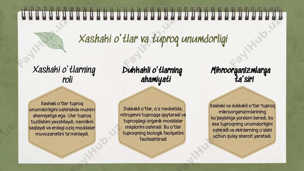 iya kabi o'simliklar tuproqda foydali mikroorganizmlarni ko'paytiradi, bu esa tuproqning biologik faolligini oshiradi. shuningdek, dukkakli o'tlar tuproq tuzilishini yaxshilaydi, eroziya jarayonlarini kamaytiradi va tuproqning suv saqlash qobiliyatini oshiradi. bularning barchasi tuproq sog'lig'ini yaxshilashga va ekinlarning o'sishi uchun qulay sharoit yaratishga yordam beradi. dukkakli o'tlarning tuproqdagi roli tuproq salomatligiga hissasi azotni bog'lash jarayoni tuproqni to'ldirishdagi roli dukkakli o'tlar tuproq salomatligini yaxshilashda muhim ahamiyatga ega. ular tuproqdagi azot miqdorini oshirish orqali o'simliklarning o'sishi uchun zarur bo'lgan ozuqa moddalarini ta'minlaydi. shuningdek, ularning ildiz tizimlari tuproq tuzilishini mustahkamlashga yordam beradi. ushbu o'simliklar azotni bog'lash qobiliyatiga ega bo'lib, tuproqning unumdorligini oshiradi. dukkakli o'tlar tuproqdagi mikroorganizmlar bilan hamkorlikda ishlaydi, bu esa azotning bioavailable shaklga o'tishini ta'minlaydi. azot, o'simliklar uchun juda zarur bo'lgan elementdir. dukkakli o'tlar, shuningdek, tuproqni to'ldirishda muhim rol o'ynaydi. ular tuproqning suvni ushlab turish va ozuqa moddalarini saqlash qobiliyatini oshiradi, bu esa o'simliklar uchun qulay muhit yaratadi. dukkakli o'tlar va mikroorganizmlar dukkakli o'tlar tuproq …