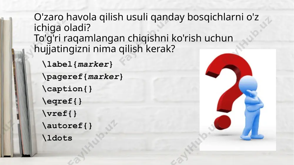 um buyruqlar turli xil hujjat sinflariga mos keladi. masalan, kitobda boblar bor, lekin maqolada bo’lmaydi. simple.tex da tuzilish buyruqlaridan ba'zilari keltirilgan. \chapter{introduction} this chapter's content... \section{structure} this section's content... \subsection{top matter} this subsection's content... \subsubsection{article information} this subsubsection's content... latex bo'limlarni aniqlash uchun 7 darajadagi chuqurlikni ta'minlaydi. ushbu jadvaldagi har bir bo'lim yuqoridagi qismning kichik bo'limidir. buyruq daraja izoh \part{''part''} -1 not in letters \chapter{''chapter''} 0 only books and reports \section{''section''} 1 not in letters \subsection{''subsection''} 2 not in letters \subsubsection{''subsubsection''} 3 not in letters \paragraph{''paragraph''} 4 not in letters \subparagraph{''subparagraph''} 5 not in letters latex sizga sarlavha matnining qo'shimcha versiyasini taqdim etish imkonini beradi, bu faqat tarkiblar jadvalida va har qanday ishlaydigan sarlavhalarda, agar ular amalda bo'lsa qo’llanilishi mumkin. ushbu ixtiyoriy muqobil sarlavha figurali qavslardan oldin [kvadrat qavslar] ichiga joylashtiriladi: \section[effect on staff turnover]{an analysis of the effect of the revised recruitment policies on staff turnover at divisional headquarters} …