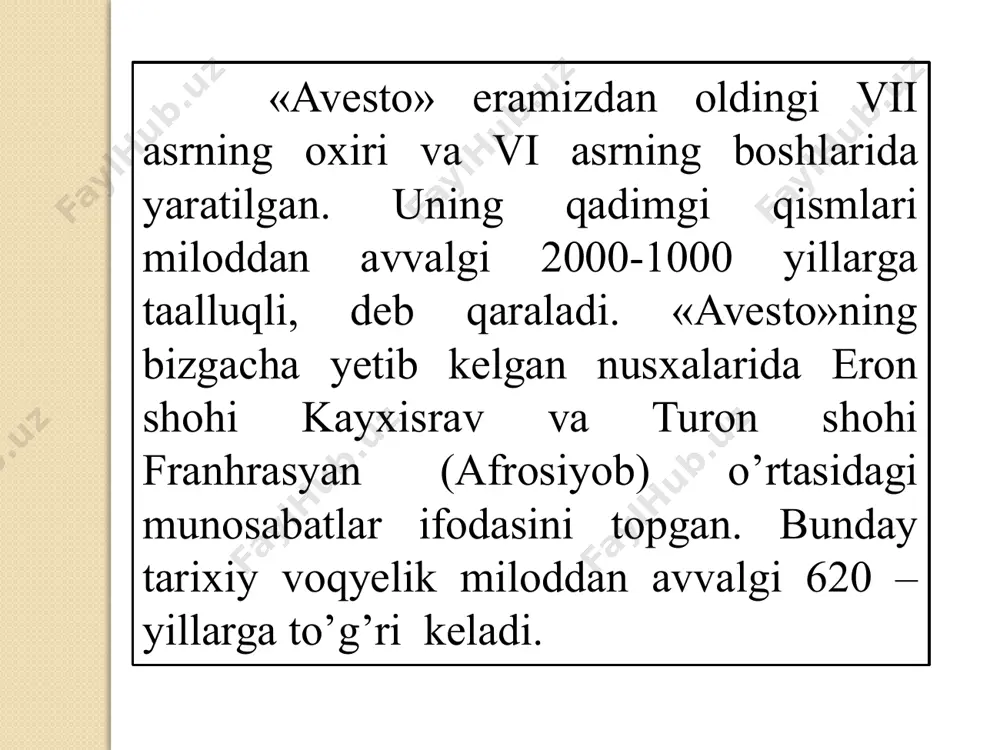 xotin» qo’shig’ini aytganlarga xayr–sadaqa berishgan. quyidagi parchada yaratilgan sust xotin obrazi «avesto»dagi suv xudosi tishtar mifologiyasiga bog’lanadi. sust xotin-o, sust xotin, ko’lankasi maydon xotin, sust xotin. dehqonlarni g’am bosdi, sust xotin. omochini chang bosdi, sust xotin. havo yog’sin sevalab, sust xotin. bo’ri qochsin tebalab, sust xotin, bug’doy bo’lsin zarchalab, sust xotin, sag’ir - sug’ir qolganlar, sust xotin, nonni yesin parchalab, sust xotin, sust xotin-o, sust xotin, ko’lankasi maydon xotin, sust xotin. «avesto»da ilk foniy odam – gaya marta haqida rivoyatlar keltirilgan. u zardo’shtiylikda yer yuzida yashagan birinchi odam sifatida tasavvur etiladi. o’rta asr manbalarida uning nomi gavomard, gayomat, gopat shoh, qo’bodshoh, kayumars tarzida bitilgan. gaya marta ikki vujudli, ho’kiz va odamdan tashkil topgan. uni ezgulik xudosi axura mazda dantiya daryosining bo’yidagi ar’yana vejada yetmish kun mobaynida yaratgan. daryoning chap sohilida odam, o’ng qirg’og’ida ho’kiz turgan. gaya marta insoniyat dushmani axriman tomonidan o’ldirilgan. e’tiboringiz uchun rahmat!!! image2.jpeg image3.jpeg image4.jpeg image5.jpeg image6.jpeg …
