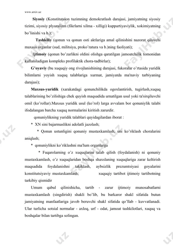 sial normalar - axloq, urf - odat, jamoat tashkilotlari, xuquq va boshqalar bilan tartibga solingan. ijtimoiy tartibot - bu jamiyat a'zolari o’rtasida mujassamlashgan barkaror ijtimoiy munosabatlar tizimi bo’lib, sotsial adolat goyalarini ifodalovchi, normativ tartibga solish tizimining butun ta'siri natijasida turmush tarzi sifatida tasdiklangan munosabatlardir. huquqiy tartibot ijtimoiy tartibotning bir qismi bo’lib xisoblanadi, fakat u barcha sotsial normalarning regulyativ xarakati natijasida mujassamlashmasdan, balki fakatgina xuquq normalari orqali mujassamlanadi. shunday ekan, xuquqiy tartibot - bu xuquq normalari tomonidan tartibga solinadigan ijtimoiy munosabatlar tizimining bir qismidir. uning xarakat doirasida xuquq normalari orqali tartibga solinadigan barcha ijtimoiy munosabatlar yotada. huquqiy tartibot o’ziga xos xususiyatlari quyidagilardan iborat : huquq normalarida rejalashtirilgan; ushbu normalarni tatbiql etish natijasida yo’zaga keladi; davlat tomonidan ta'minlanadi;ijtimoiy munosabatlarni tashkiliylashtirilishi uchun sharoit yaratadi, insonni ancha erkin, (mustaqil) qilib, xayot sharoitini yengillashtiradi; qonuniylikning natijasi sifatida yo’zaga chiqadi; qonuniylik huquqiy tartibot bilan o’zviy bog’liq bolib, u orqali amalga oshiriladi. huquqiy tartibot jamoat tartibining bir …