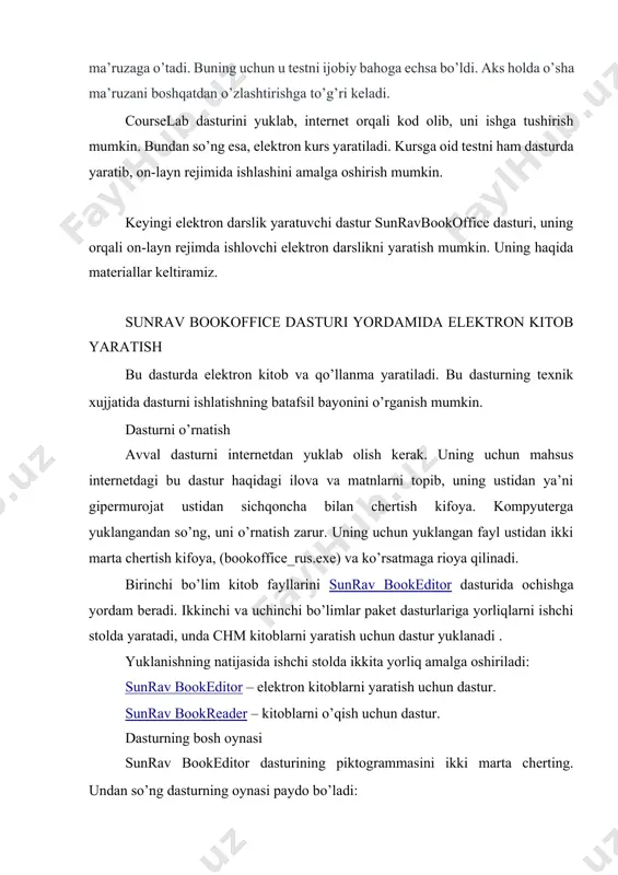 rish amalga oshiriladi. kitobning tarkibi shakllantiriladi. menyu kitoblar bilan ishlashda amallarga o’tishda qo’llaniladi: ochish, soxraneniesaqlash, import-boshqa dasturiy vositalardan materiallarni, animatsiyalar va rasmlarni olish, eksport-yaratilgan materiallarni boshqa masofaviy va dasturiy vositalarga qo’yish, pechat(chop etish)... sarlavha matn muharriri ko’rinishiga ega. xar bir sahifa boshida sarlavhaning mazmuni paydo bo’ladi. tahrirlagich dasturning eng bosh elementi hisoblanadi. unda kitob saxifalarining mazmunini yaratish va taxrilash amalga oshiriladi. filtr butun mazmunni emas, qandaydir qismini ko’rsatishga mo’ljallangan. pastki kolontitul sarlavhaga o’xshash, lekin mazmuni xar bir sahifaning pastida ko’rinadi. kitobning yaratilishga o’tamiz. birinchida sarlavha va pastki kolontitulni aniqlaymiz. uning uchun matnli taxrilagichlarni sarlavha va pastki kolontitulni qo’llaymiz. elektron kitobning asosiy elementlaridan biri-mazmun. u kitobning mantiqiy tarkibini aniqlaydi. dasturni ishga tushirishdan keyin bizda bitta bo’lim bor. uning nomi “новый раздел”-yangi bo’lim. bo’lim nomini o’zgartirish uchun, uning ustidan sichqoncha ko’rsatkichi bilan chertish va f2, tugmasini bosish kerak, yangi nomni kiritib, enter tugmasi bosiladi. bo’lim nomidan chapda bayroqcha, bu bo’limni kitobda ko’rsatish …
