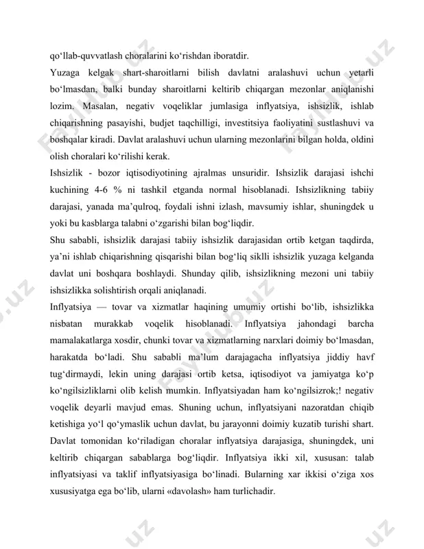 uzatish kiritish va qabul qilish, shuningdek ma’lum iqtisodiy siyosat yuritish borasida iqtisodiy va ma’muriy usullarini qo‘llaydi. bozor iqtisodiyoti rivojlangan mamlakatlar tajribasi ko‘rsatdiki, inqirozli qolatlarda iqtisodiyotni isloh qilinishida davlatning roli kuchayadi va aksincha uning roli barqarorlik va jonlanish davrlarida pasayadi. ammo barcha xolatlarda ham davlat tadbirkorlik faoliyatiga shunday ta’sir ko‘rsatish yo‘lini tutish kerakki, bunda bozor asoslarini buzilishiga va inqiroz holatlarini yuzaga kelishiga yo‘l qo‘ymaslik lozim. davlat tomonidan iqtisodiyotni boshqarish uchun mo‘ljallangan iqtisodiy dastaglar turli-tuman bo‘lib, ularning aosiylari: soliqlar, daromad va resurslarni qayta taqsimlanishi, davlat tadbirkorligi faoliyati, kredit-moliya mexanizmi va boshqalardir. ma’muriy usullar, ya’ni to‘g‘ridan-to‘g‘ri ta’sir ko‘rsatish usullari, davlat tomonidan, u yoki bu masalani hal etishda iqtisodiy usullar to‘qri kelmagan yoki samarasiz bo‘lgan hollardagina qo‘llaniladi. jahon tajribasini ko‘rsatishicha ma’muriy usullardan foydalanish quyidagi sohalarda eng samarali natijalarni beradi: — tabiiy davlat monopoliyasi (temir yo‘l transporti, aloqa, fundamental fan); — atrof muhitni muhofaza qilish va resurslardan foydalanish; — sertifikatsiya, standartlashtirish, metrologiya; — ijtimoiy siyosat, …