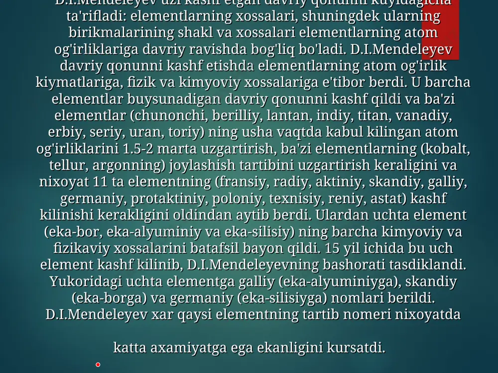 ossalari intensiv va ekstensiv xossalarga bo’linadi. agar eritmaning barcha komponentlari massasi o’zgarmas harorat va bosimda n marta oshirilsa, u holda eritmaning intensiv xossalari(konsentratsiya, zichlik, qovushqoqlik) o’zgarmaydi. ekstensiv xossalari(hajm, issiqlik sig’mi, ichki energiya, entalpiya) esa n marta oshadi. agar sistema bir komponent, ys’ni individual moddadan iborat bo’lsa, uning holati ekstensiv xossalarning molyar kattaliklari bilan xarakterlanadi. agar sistema ikki yoki undan ortiq komponentlardan iborat bo’lsa u holsa har bir komponentning molyar ekstensiv xossalari barcha komponentlar massasiga, ya’ni eritma tarkibiga bo’liq bo’ladi. shuning uchun ko’p komponentli sistemalarning holatini xarakterlashda parsial molyar kattaliklardan foydalaniladi. uning mohiyatini quyidagicha ifodalash mumkin: aytaylik, eritma n1, n2,n3 mol alohida komponentlardan tashkil topgan bo’lsin. agar bunday eritmaga o’zgarmas bosim va o’zgarmas haroratda birinchi komponentdan 1 mol qo’shilsa ekstensiv xossa quyidagicha o’zgaradi: () zi-parsial molyar kattalik zi=g,h,a,u,v va h.k ni-1-bir komponentdan tashqari barcha komponentlar molar soni doimiy ekanligini anglatadi. xar bir gruppa ichida atom og'irlik ortishi bilan elementlarning metallik xossalari …