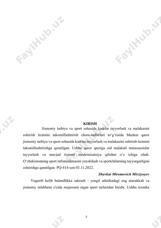 ijaga erishish uchun o'z vaqtida va to'g'ri bajarilishi zarur. shu sababli, yugurib kelib balandlikka sakrashni o'rganish va takomillashtirish uchun har bir bosqichni chuqur o'rganish va doimiy ravishda mashq qilish talab etiladi.mazkur mavzu sportchilarni ushbu texnikani mukammal egallashga va yuqori natijalarga erishishga undaydi. har bir texnik harakatni aniqlik bilan bajarish, mashg'ulotlarni to'g'ri tashkil etish va jarohatlardan saqlanish orqali o'z maqsadlariga erishish mumkin. shu bilan birga, ushbu jarayonni samarali amalga oshirishda psixologik va jismoniy tayyorgarlik ham muhim ahamiyat kasb etadi. mavzuning dolzarbligi: yugurib kelib balandlikka sakrash texnikasini o‘rganish jismoniy tarbiya va sport sohasida juda muhim ahamiyatga ega. ushbu texnika sportchilarga faqatgina yuqori natijalarga erishishga yordam bermaydi, balki ularning umumiy jismoniy holatini yaxshilaydi. balandlikka sakrash — bu murakkab harakat bo‘lib, sportchidan yuqori darajada tezlik, kuch va koordinatsiyani talab qiladi. shu bois, ushbu texnikani to‘g‘ri o‘rgatish va takomillashtirish sportchilarni nafaqat yengil atletika, balki boshqa sport turlari uchun ham tayyorlashda katta rol o‘ynaydi.bugungi kunda sportning …