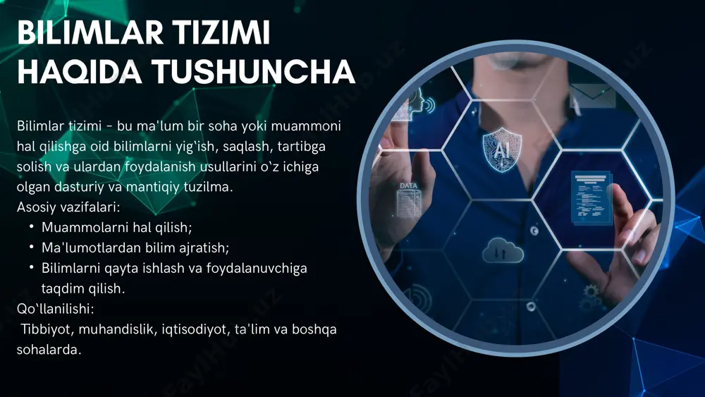 xususiyatlari: har bir obyekt tavsifi alohida freymda saqlanadi; kontekstga mos ravishda ishlaydi; bilimlarni strukturaviy tarzda saqlaydi. freymli model misol: freym: "mashina" turi: yengil rang: oq egasi: ali produksion model produksion model – "agar ... unda ..." qoidalar majmuasidan tashkil topgan model. har bir qoidaga produksion deyiladi. xususiyatlari: tizimli mantiq asosida ishlaydi; qoidalar ketma-ket bajariladi; qoidalar asosida qarorlar qabul qilinadi. misol: agar harorat > 38°c bo‘lsa, unda isitma bor deb hisobla modellarni solishtirish har bir model ma’lum holatda eng optimal natijani beradi. model afzalliklari kamchiliklari mantiqiy formal, aniqlik moslashuvchan emas to‘rli vizual, oddiy murakkablik ortadi freymli strukturalashgan noaniq holatlarda cheklangan produksion qaror qabul qilishda yaxshi qoidalar soni ko‘paysa sekinlashadi kompyuterda loyihalashda qo‘llanilishi bilimlar modellari zamonaviy axborot tizimlarini loyihalashda muhim rol o‘ynaydi: ekspert tizimlar tuzishda; sun'iy intellektli yordamchilarda; diagnostika va bashorat tizimlarida; o‘quv tizimlar va simulyatorlarda. loyihalash bosqichlari: ma’lumot to‘plash modelni tanlash qoidalar / freymlar tuzish natijani tekshirish va takomillashtirish bilimlar tizimi …
