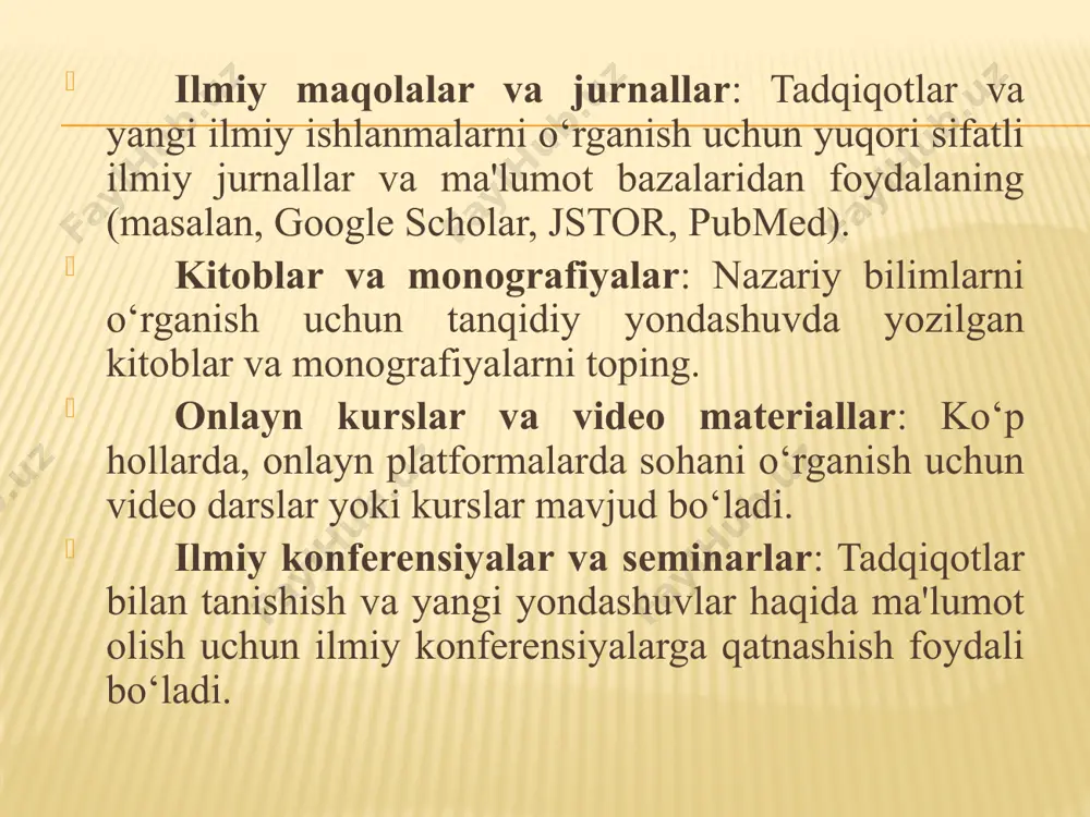 bo‘lishi kerak. masalan, agar siz yangi metod ishlab chiqmoqchi bo‘lsangiz, bu metodni ishlab chiqish uchun zarur bo‘lgan ilmiy bilim va resurslarga ega ekanligingizni tekshiring. relevant (muvofiq): maqsad sizning tadqiqot sohangizga yoki ilmiy yo‘nalishingizga mos bo‘lishi kerak. tadqiqot sohangizga mos keladigan maqsadlar tanlang. time-bound (vaqtga bog‘langan): maqsadni amalga oshirish uchun belgilangan vaqtni aniqlang. maqsadning har bir bosqichini amalga oshirish uchun belgilangan muddatlar zarur. 1. bilim olish va o‘rganish shaxsiy akademik faoliyatning boshlang‘ich mohiyati – bu ilmiy va akademik bilimlarni o‘rganish. bu faoliyat davomida yangi bilimlarni o‘zlashtirish, ilmiy tushunchalarni mukammal egallash va nazariy asoslarni amaliyotga tatbiq etish kerak. o‘rganish jarayoni nafaqat universitet yoki ilmiy muassasada, balki o‘zingiz mustaqil ravishda amalga oshiriladi. 2. tadqiqot va innovatsiyalar shaxsiy akademik faoliyat tadqiqotlarni o‘tkazishni, yangi bilimlar yaratishni va mavjud ilmiy nazariyalarni yangilashni o‘z ichiga oladi. tadqiqotlar yangi texnologiyalar, usullar yoki yondashuvlarni ishlab chiqish, hamda ilmiy muammolarga yechim topish uchun zarurdir. tadqiqotlar orqali yangi natijalar keltirish, sohaning …