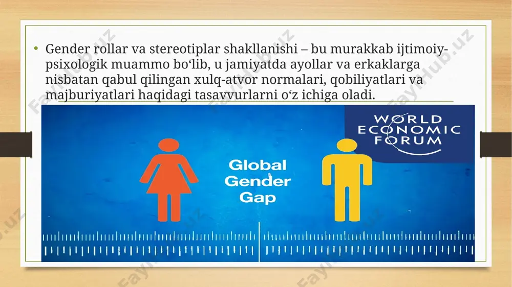 sitalari) 3.madaniy omillar ( an’analar va urf-odatlar, din, qonunchilik shakllanish jarayoni: • ijtimoiy o'rganish nazariyasi: bolalar o'zlarining atrofidagi odamlarni kuzatib, ularning xatti-harakatlarini taqlid qilish orqali gender rollarini o'rganadilar. agar bolalar erkaklarning kuchli va mustaqil, ayollarning esa muloyim va g'amxo'r ekanligini ko'rsatadigan namunani ko'rsalar, ular bu xatti-harakatlarni o'zlashtiradilar. • kognitiv rivojlanish nazariyasi: bolalar o'zlarining genderini aniqlash va gender rollari haqida tushunchaga ega bo'lish orqali gender stereotiplarini o'rganadilar. ular gender identifikatsiyasi (o'zini o'g'il bola yoki qiz bola deb his qilish) va gender konstantligi (gender vaqt o'tishi bilan o'zgarmasligini tushunish) kabi tushunchalarni o'zlashtiradilar. • gender sxema nazariyasi: bolalar gender stereotiplari asosida gender sxemalarni (gender haqidagi bilimlar to'plami) yaratadilar. bu sxemalar bolalarning axborotni qayta ishlashiga, xatti-harakatlarini yo'naltirishiga va o'zlarini boshqa odamlar bilan taqqoslashiga ta'sir qiladi gender stereotiplarini shakllanishida jins tafovutlari "gender" atamasi nisbatan yaqinda, 1975 yilda paydo bo'lgan erkaklik va ayollik tamoyillarini farqlash, ularni gender va gender tushunchalari bilan bog'lashda ijtimoiy, madaniy va siyosiy …