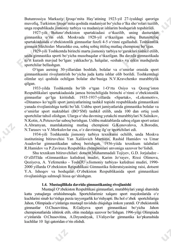 biga rioya qilsa, u hech qanday davolash chorasi va dori-darmonga ehtiyoj sezmaydi. buyuk olimning yozishicha, jismoniy mashqlar bilan muntazam shug‘ullanmay qо‘ygan odamni sog‘lig‘i sо‘nib, harakatlanishni tо‘xtatish natijasida kuchi susayib boradi. olimning fikricha, jismoniy mashqlar mushaklar, bо‘g‘inlar, asab tolalarini mustahkamlaydi, natijada insonlar о‘z ishlarini toliqmasdan uzoq muddatda bajarib, xastalikdan muhofaza etishadi. ibn sino jismoniy mashqlar bilan shug‘ullanganda insonning yoshi va salomatligini qay darajada ekanligini inobatga olishni ta’kidlaydi. «tib qonunlari»da bolalar, о‘smirlar, keksalar qachon va qay tarzda jismoniy mashqlar bilan shug‘ullanishi haqida ma’lumot berib о‘tiladi. ibn sino mashqlarni boshlash va tugatish vaqti, uqalash, hammomda va sovuq suvda chо‘milish (chiniqish), tanani tozalikda saqlash va boshqa gigiyenik talablar haqidagi fïkr-mulohazalari bugungi kungacha olimlar diqqat markazidadir. 1879-yilda maxsus ta’lim hay’ati turkiston о‘lkasidagi cherkov qoshidagi tо‘rt yillik bilim yurti uchun dastur ishlab chiqdi. ushbu dasturga muvofiq rus tili, arifmetika, geografiya, toza yozish va chevarlikni о‘rganish darslari bilan bir qatorda, gimnastika mashg‘ulotlaridan dars о‘tish nazarda tutilgan edi. …