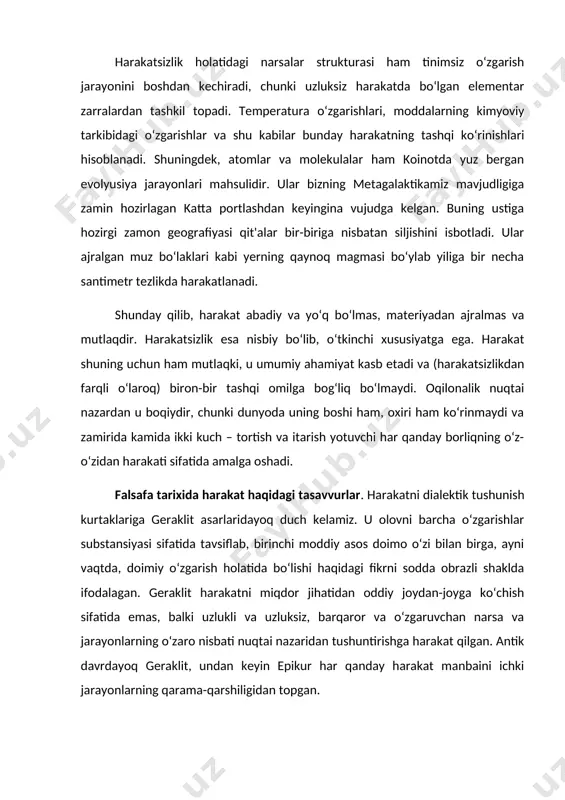 onlarning qarama-qarshiligidan topgan. ayni shu antik davrda tushunchalar mantig‘ida harakat jarayonini mantiqiy dalillar yordamida tushunib yetish bilan bog‘liq qiyinchiliklar qadimgi faylasuf zenonni mashhur aporiyalarni ta'riflashiga turtki berdi. aporiya – muhokamalardagi ziddiyat tufayli hal etib bo‘lmaydigan yoki hal etilishi mushkul bo‘lgan holat, mantiqiy qiyinchilik, muammo. zenonning «axill va toshbaqa», «uchayotgan kamon o‘qi» kabi aporiyalari, hissiy tasavvurlarga zid o‘laroq, harakat materiyaning atributi ekanligiga shubhalanishga majbur qilgan. «axilles va toshbaqa» aporiyasi mazmuniga ko‘ra, chopqir axilles hayvonot olamining eng uquvsiz yuguruvchisi toshbaqani quvib boradi, deb faraz qilinadi. bundan zenon axilles hyech qachon toshbaqaga yeta olmaydi, degan mantiqiy xulosa chiqaradi. zenon bu aporiyasida quyidagicha fikr yuritadi: «biror odam a nuqtadan v nuqtaga borishi lozim bo‘lsin. u v nuqtaga yeta oladimi?» zenon bu savolga yo‘q, deb javob qiladi. chunki a nuqtadan v nuqtaga qarab yo‘l olgan odam, avvalo, shu masofaning teng yarmidan o‘tishi zarur. bu masofaning teng yarmiga yetishi uchun esa, shu yarim masofaning yana yarmini …