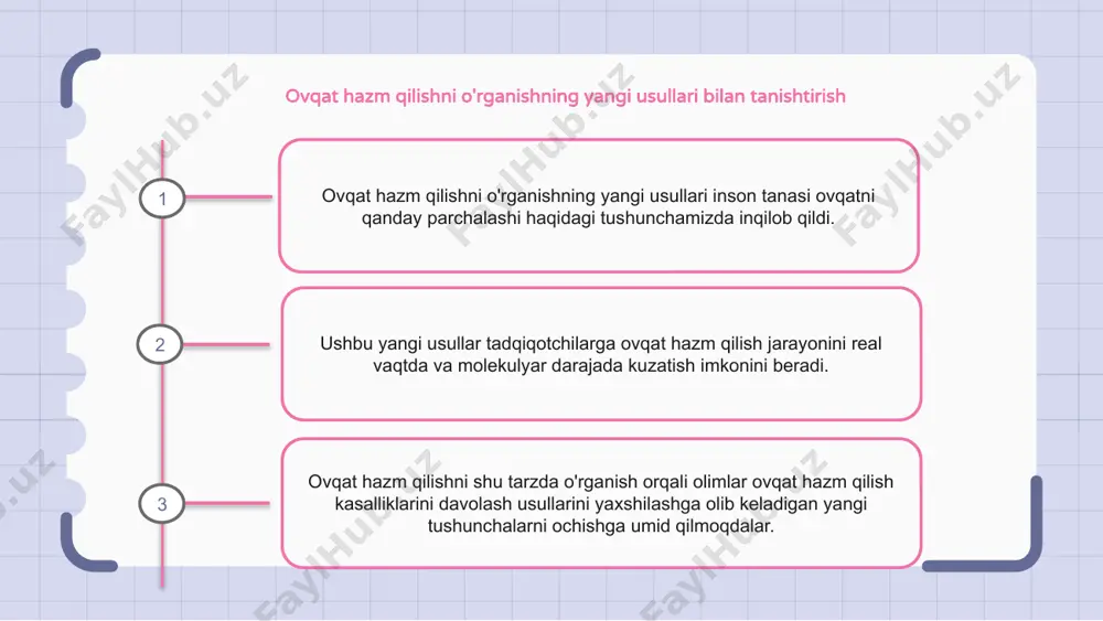 roorganizmlar jamoasini anglatadi. ichak mikrobiotasining tarkibi va funktsiyasini o'rganish orqali olimlar uning ovqat hazm qilish va umumiy salomatlikka qanday ta'sir qilishini yaxshiroq tushunishga umid qilishadi. ovqat hazm qilishni o'rganish uchun hisoblash modellashtirishdan foydalanish hisoblash modellashtirish bizga virtual muhitda murakkab jarayonlarni taqlid qilish imkonini berib, hazm qilishni o'rganish usulini inqilob qildi. hisoblash modellaridan foydalangan holda, tadqiqotchilar ovqat hazm qilish dinamikasi haqida tushunchaga ega bo'lishlari va turli omillar jarayonga qanday ta'sir qilishi haqida bashorat qilishlari mumkin. ushbu yondashuv ovqat hazm qilishni yaxshilash va ovqat hazm qilish kasalliklarini shaxsiy davolash usullarini ishlab chiqish uchun yangi usullarni ochish imkoniyatiga ega. ovqat hazm qilish haqidagi tushunchamizga yangi usullarning ta'siri ovqat hazm qilishni o'rganishning yangi usullari ushbu murakkab jarayonni tushunishimizga sezilarli ta'sir ko'rsatdi. bu usullar tadqiqotchilarga ovqat hazm qilishni real vaqt rejimida va har qachongidan ham batafsilroq kuzatish imkonini berdi. natijada, ovqat hazm qilish tizimi haqidagi bilimlarimiz sezilarli darajada oshdi, bu ovqat hazm qilish bilan bog'liq …