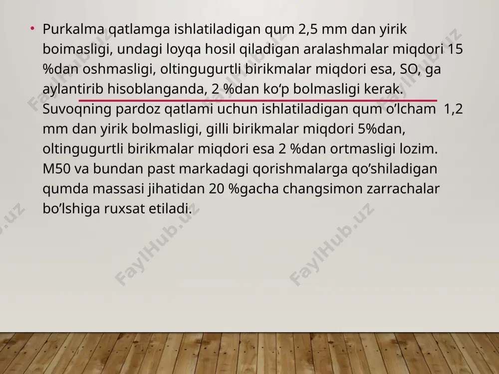 iqdorda q o ‘shiladi. havo harorati 0°c dan past bo‘lganda qorishmalarga qotishni tezlatkichlar qo‘shish tavsiya etiladi. ular jumlasiga, kaliy sulfat k ,s 0 4, kalsiy xlorid c ac l2, kalsiy nitrat ca ( n 0 3)2, kalsiy nitrat — nitrat n n k , kalsiy-nitrat-xlorid (n n x ), nacl yoki c ac l2, natriy nitrat n a n o .y o x u d n n k kunduzi tashqarida havo harorati 25°c dan yuqori bo‘lganda, shuningdek ohak-gips va gipsli qorishmalar tayyorlashda qotishni sekinlatkichlardan foydalanish lozim. hayvonot yelimi, milonaft va shu kabilar qotishni sekinlatuvchi materiallar hisoblanadi polimer qoʻshilgan gips asosli quruq suvoq aralashmasi. devorlarni tekislash uchun moʻljallangan. bir qatlam qalinligi: minimal: 10 mm, maksimal: 30 mm. mustahkamligi: siqilishda: ~2,0 mpa, bukilishda: ~1,0 mpa. 15-20 mm qalinlikdagi qatlamning t=20°с va 60 % havo namligida qurishi: taxminan, 7 sutka. keramik berkitma yopishtirish uchun suvoq qatlamining minimal qalinligi: 10 mm. yelim bilan plitkaning …