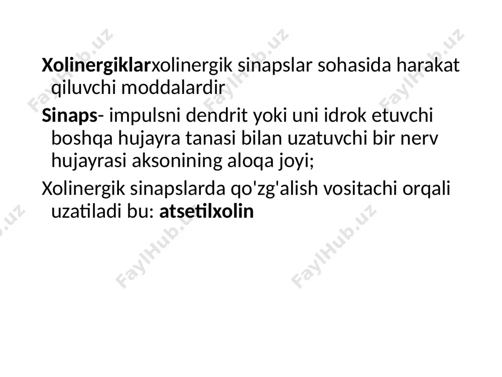 ining m-xolinergik retseptorlarini rag'batlantirish natijasida yuzaga keladi, buning natijasida bu mushak qisqaradi va ko'z qorachig'i torayadi. gi̇bning pasayishiko'zning kameralaridan ko'z ichi suyuqligining ko'payishi tufayli yuzaga keladi, tk. ko'z qorachig'i siqilganda, ìrísí cho'ziladi va favvora bo'shliqlari kengayadi, ular orqali suyuqlik shlemm kanaliga oqib o'tadi. turar joyning spazmisiliyer mushakning m-xolinergik retseptorlarini qo'zg'atish natijasida yuzaga keladi, mushak qisqaradi, buning natijasida zin ligamenti bo'shashadi, bu esa linzalarning egriligining kuchayishiga olib keladi. yurak- av o'tkazuvchanligining sekinlashishi, bradikardiya bronchi- ohangning oshishi, torayishi quviq, siydikchil, bachadon - silliq mushaklarning ohangini oshirish bezlar - sekretsiyaning ko'payishi (ter, tuprik, bronxial, oshqozon-ichak trakti) oshqozon-ichak trakti- silliq mushaklar tonusining oshishi, peristaltikaning kuchayishi qon tomirlari - kengaytirish (kichik) jahon - pasayish (kichik) foydalanish uchun ko'rsatmalar glaukoma (yuqori iop) ko'z tomchilari yoki malhamlardan foydalanish oshqozon-ichak trakti, o't yo'llari, siydik yo'llari, bachadonning atoniyasi yon effektlar yuqori qo'zg'aluvchanlik, tremor, uyqusizlik masofani ko'rishning buzilishi av o'tkazuvchanligining pasayishi, bradikardiya bronxospazm, bronxoreya ortiqcha terlash gipersalivatsiya oshqozon, ichak, o't …