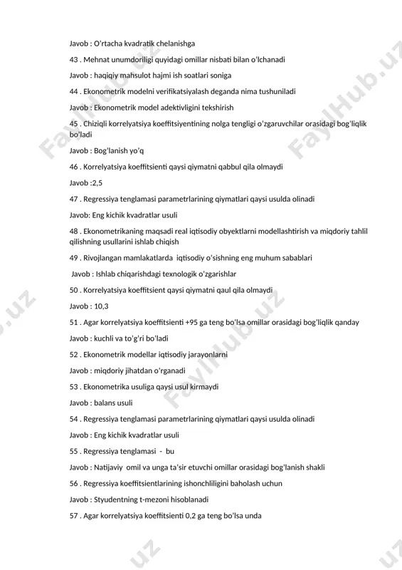 chun javob : styudentning t-mezoni hisoblanadi 57 . agar korrelyatsiya koeffitsienti 0,2 ga teng bo’lsa unda javob : omillararo bog’lanish past darajali bo’ladi 58 . korrelyatsiya – bu javob : omillar orasidagi bog’lanish zichligi 59 . korrelyatsion bog’lanish turi bo’yicha javob : to’g’ri va teskari bo’ladi 60 . vaqtli qatorlarning multiplikativ modeli javob : yt=tt*st*et 61 . regressiya tahlilining asosiy maqsadi javob : y va x orasidagi bog’lanish zichligini aniqlash 62 . ekonometrikani vazifasi javob : iqtisodiyotning miqdoriy qonuniyatlarini o’rganish 63 . ta’sir etuvchi omillar orasidagi zich aloqaning mavjudligi javob : multikollinerlik deyiladi 64 . korrelyatsiya – bu javob : omillar orasidagi bog’lanish zichligi 65 . ekonometrikaning predmeti javob : iqtisodiyotda kuzatiladigan miqdoriy qonuniyatlarni aniqlash 66 . modellashtirish – bu javob : o’rganilayotgan obyekt yoki hodisaning modelini tuzish jarayoni 67 . regressiya kooeffitsienti ma’nosi javob : bog’liq bo’lmagan omilni bir birlikka o’zgarishi , natijaviy omilning qanchaga o’zgarishini ko’rsatadi 68 . …