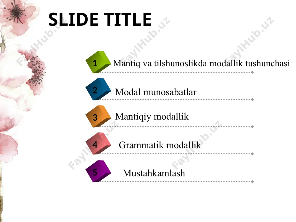 predmetlar va hodisalar o‘rtasida mavjud bo‘lgan va so‘zlovchi subyektning bahosiga bog‘liq bo‘lmagan zaruriy, mavjud va ehtimoliy aloqalar o‘z aksini topadi. m: u ko‘p o‘qiydi. grammatik modallikda so‘zlovchi subyektning voqelikka nisbatan munosabati tushuniladi. m: u, menimcha, ko‘p o‘qiydi. mantiqchilar modallikni “haqiqat” va “yolg‘on”, ya’ni real va irreal sifatida baholaydi. lingvistlar esa modallikni so‘zlovchining voqelikka bo‘lgan munosabati sifatida izohlaydi. obyektiv modallik gapni shakllantiruvchi zaruriy belgilardan biri, asosiy uzvi hisoblanadi. obyektiv modallik ustiga qo‘yilgan qo‘shimcha modallik subyektiv modallikdir. gapning asosiy uzvi obyektiv modallikdir takrorlash uchun topshiriqlar tog‘ri-noto‘g‘ri 3 2 1 4 predikativlik modallikka nisbatan keng tushuncha predikativlik nutq sathi birligi modallik til sathi birligi v.vinogradov modallikka predikativlikning bir komponenti sifatida qaraydi 7 6 5 8 modallik gap bo‘lmagan qurilmalar uchun ham xosdir modus bu modallik-dir diktum bu modallikdir n.shvedova-ning fikricha, modus qo‘shilganda-gina gapga aylanadi 11 10 9 12 c=m+p ushbu jumla formulasi fillmorga tegishli modallik-ning 2 turi ajratiladi obyektiv modallikda ishonch-ishonchsizlik, rozilik-norozilik, mazmuni …