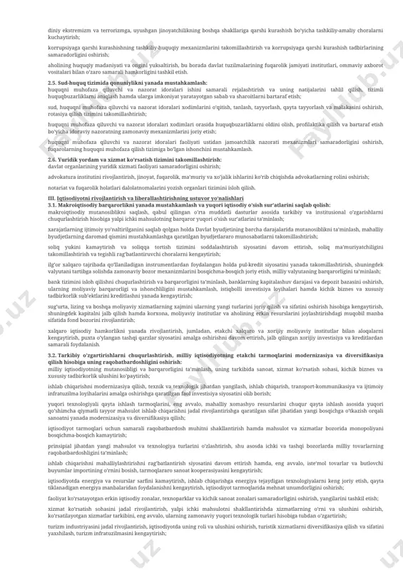 ik sub’ektlari tomonidan foydalanish imkoniyatini oshirish. 1.3. jamoatchilik boshqaruvi tizimini takomillashtirish: xalq bilan muloqotning samarali mexanizmlarini joriy etish; jamoatchilik nazoratini amalga oshirishning zamonaviy shakllarini rivojlantirish, ijtimoiy sheriklikning samarasini oshirish; fuqarolik jamiyati institutlarini rivojlantirish, ularning ijtimoiy va siyosiy faolligini oshirish; mahalla institutining jamiyat boshqaruvidagi o’rni va faoliyati samaradorligini oshirish; ommaviy axborot vositalarining rolini kuchaytirish, jurnalistlarning kasbiy faoliyatini himoya qilish. ii. qonun ustuvorligini ta’minlash va sud-huquq tizimini yanada isloh qilishning ustuvor yo’nalishlari 2.1. sud hokimiyatining chinakam mustaqilligini ta’minlash, sudning nufuzini oshirish, sud tizimini demokratlashtirish va takomillashtirish: sud yalar va sud apparati xodimlarining mavqeini, moddiy rag’batlantirish va ijtimoiy ta’minot darajasini oshirish, sudlarning moddiy-texnika bazasini mustahkamlash; sud yalarga g’ayriqonuniy tarzda ta’sir o’tkazishga yo’l qo’ymaslik bo’yicha ta’sirchan choralar ko’rish; sudning mustaqilligi va beg’arazligi, sud prosessida tomonlarining tortishuvi va teng huquqlik tamoyillarini har tomonlama tatbiq etish; «xabeas korpus» institutini qo’llash sohasini kengaytirish, tergov ustidan sud nazoratini kuchaytirish; sudlarni yanada ixtisoslashtirish, sud apparatini mustahkamlash; sudlar faoliyatiga zamonaviy …