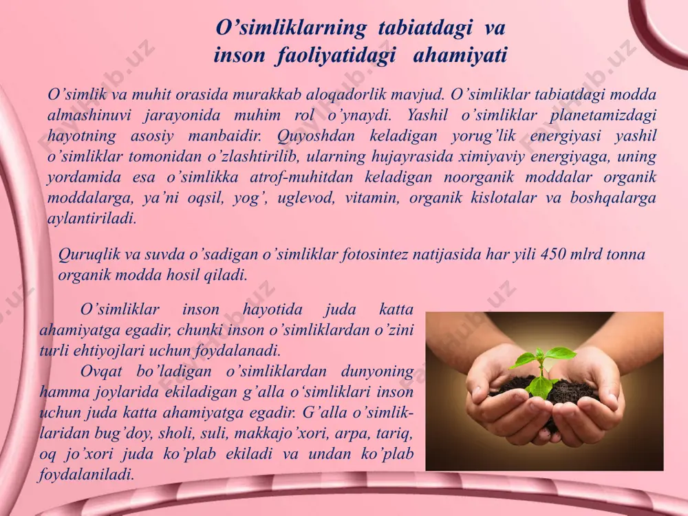 ’g’risida ma’lumot bergan. abu ali ibn sino (980-1037) o’zining qator asarlarida turkistonda o’sadigan ko’pgina dorivor o’simliklarni tavsiflab, ularning shifobaxsh xususiyatlarini ko’rsatgan. z.m.bobur (1483-1530) ham "boburnoma" asarida turkiston o’simliklari haqida ma’lumotlar bergan. ilmiy faoliyatining asosiy qismini turkiston florasini o’rganishga bag’ishlagan b.a.fedchenko, onasi o.a.fedchenko bilan birgalikda, 1906-1916 yillar ichida 6 qismli "turkiston florasining ro’yxati" deb nomlangan kitobini chop etgan va unda turkiston hududida 4111 tur o’simlik borligini ko’rsatgan. a.i.vvedenskiy (1898-1970) rahbarligida "o’zbekiston florasi" nomli 6 jildlik asar chop etildi. bu hududda 138 oilaga oid 4230 o’simlik turi haqida batafsil ma’lumot berilgan. suvo’tlarini o’rganish va ulardan xalq xo’jaligida foydalanish ilmiy asoslarini akademik a.m. muzaffarov (1909-1987) yaratdi. uning rahbarligida o’rta osiyoda o’sadigan ko’k-yashil suvo’tlarining to’liq ro’yxati tuzildi. o’simlik hujayrasi hujayra uning tuzilishi va komponentlari hujayraning tuzilishi va uning faoliyati to’g’risidagi fan sitologiya deyiladi. hujayra bu o’simlik tanasining mustaqil ko’payuvchi elementar strukturasi va funksional birligi bo’lgan bir qismidir. hujayrani dastlab ingliz olimi r.guk 1665 yilda …