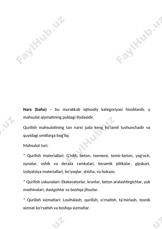 , m75, m100 va boshqalar), suvni yutuvchanligi va boshqa xususiyatlar. * rangi: qizil, sariq, qora, oq, rangli g'ishtlar. * sirpanishi: silliq, qo'pol, sirlangan, mat. ishlab chiqaruvchi: * mahalliy ishlab chiqaruvchilar: narxi odatda arzonroq bo'ladi. * xorijiy ishlab chiqaruvchilar: narxi yuqori bo'lishi mumkin. miqdori: * kichik miqdordagi buyurtma: narxi yuqori bo'lishi mumkin. * katta miqdordagi buyurtma: narxi arzonroq bo'ladi. yetkazib berish joyi: * mahalliy yetkazib berish: narxi arzonroq bo'ladi. * uzoq masofaga yetkazib berish: narxi yuqori bo'ladi. boshqa omillar: * bozor talabi va taklifi: talab yuqori bo'lsa, narx ham yuqori bo'ladi. * inflatsiya: inflatsiya tufayli narxlar vaqti-vaqti bilan oshadi. * valyuta kurslari: valyuta kurslari o'zgarishi xarajatlarga ta'sir qilishi mumkin. g’isht narxi – 900 so’mdan 4500 so’mgach. betonning tan narxi, yog'och kabi, juda xilma-xil va bir nechta omillarga bog'liq: betonning turi: * sinf: betonning mustahkamligi va chidamliligi uning sinfiga bog'liq. yuqori sinf betonlar (b15, b20, b25 va boshqalar) ko'proq tsement, qum va …