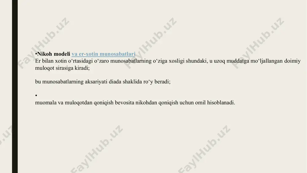 ash va hokazo. oila qanchalik tartibli, uning aʼzolari oʻrtasidagi munosabat samimiy boʻlsa, oila tarbiyasi ham shunchalik muvaffaqiyatli boʻladi. oila tarbiyasida tarbiya jarayoni zerikarli, quruq nasihatgoʻylikdan iborat boʻlib qolmasligi lozim. bola hayotining koʻp qismi oilada oʻtadi. shu boisdan mavjud anʼanalar, urf-odatlar, rasm-rusumlar va marosimlarning ijobiy taʼsirida bola asta-sekin kamol topib boradi. anʼana va marosim oila tarbiyasining qudratli qurolidir. oila tarbiyasi ijtimoiy tarbiya bilan uzviy aloqada boʻlsagina, kutilgan natijalarga eri-shish mumkin. oila tarbiyasida yutuklarga erishish ota-onalarning pedagogik bilimlarga egaligi, oila tarbiyasi boʻyicha tajribalar alma-shishi, ota- onalarni tarbiyaviy ishlarga qizgʻin jalb qilishga ham bogʻliqdir. har bir ota-ona oila tarbiyasida oʻzlarining burch va masʼuliyatlarini chuqur anglashlari lozim ■ normal oilaviy muhit, bolani kitob oʻqishga, mehnat qilishga oʻz vaqtida jalb etish ham oila tarbiyasining muvaffaqiyati garovidir. oilada ota yoki onaning yoʻqligi yoki ulardan birining ketib qolishi oila tarbiyasiga katta zarar yetkazadi. ularning bolaga beradigan tarbiyaviy taʼsir kuchi yoʻqoladi, oila tarbiyasidagi muvozanat buziladi. bunday sharoitda bola …