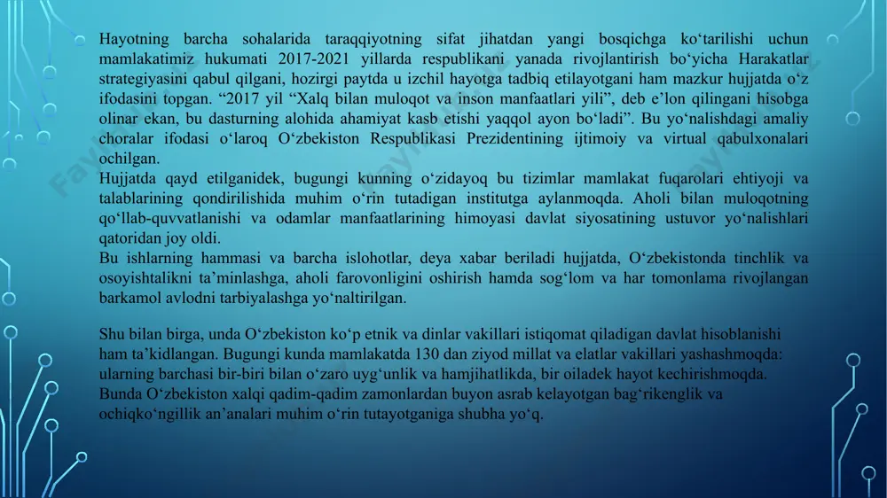 n masala, ya’ni, ijtimoiy-ma’naviy sohani yanada rivojlantirish, oilalarimiz, mahallalarimizda, butun jamiyatimizda sog‘lom muhitni mustahkamlash, yoshlar tarbiyasi, tinch-osuda hayotimizni, muqaddas dinimiz pokligini asrash vazifasi bugungi kunda qanday ulkan ahamiyat kasb etayotgani haqida, o‘ylaymanki, ortiqcha gapirishning hojati yo‘q. nega deganda, aynan shu masalalar bizning bugungi va ertangi kunimizni, farzandlarimiz, nabiralarimiz taqdiri va kelajagini, bir so‘z bilan aytganda, hayot-mamotimizni hal qilishi hech kimga sir emas. har bir ongli insonni chuqur o‘ylantirib, tashvish va xavotirga soladigan bu masalalar haqida so‘z yuritishdan avval hozirgi vaqtda shu yo‘nalishda mamlakatimizda amalga oshirilayotgan keng ko‘lamli ishlarga, dastur va loyihalarga qisqacha to‘xtalib o‘tish, o‘ylaymanki, maqsadga muvofiq bo‘ladi. bugungi kunda ona yurtimiz, o‘zbekistonimiz taraqqiyotini yangi bosqichga ko‘tarish maqsadida 2017–2021-yillarda o‘zbekiston respublikasini yanada rivojlantirish bo‘yicha harakatlar strategiyasi qabul qilingani va uni hayotga tatbiq etish bo‘yicha faol ish olib borilayotganidan sizlar albatta xabardorsiz. ta’kidlash kerakki, ushbu strategiya barcha soha va tarmoqlarda hayotimizga chuqur kirib, amaliy harakatlarimiz mezoniga aylanib bormoqda. ayniqsa, 2017-yilning yurtimizda …