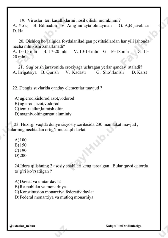 n jumlani kim ishlatgan ? a) moskovskiy b) beriniy c) vitaliy d) to’g’ri javob yoq 30. yer sharida 2003 yilda jami necha ming bola bir yoshga etmasdan o’lganligi qayt etilgan ? a) 6000 b)5589 c)8672 d)7000 @ustozlar_uchun xalq ta’limi xodimlariga
