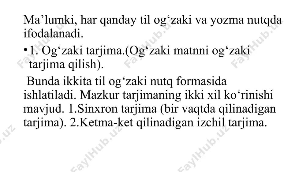 zaki tarjimada tarjimon nutqining bir qator xarakterli xususiyatlari bor. sinxron tarjimada tarjimon nutqi baland va tez tempda olib boriladi. mazkur tarjimada so‘zlarning soni tarjima qilinayotgan nutq hajmiga bog‘liq. ketma-ket qilinadigan izchil tarjimada nutq tempi pasayadi, chunki tarjimon qo‘lyozmasiga e’tibor berishi va asliyatda aytilgan fikrni tushunib tinglovchiga yetkazishi lozim og‘zaki tarjima nazariyasida tarjimonlarga quyidagi talablar qo‘yilgan, ularga tarjimonlar albatta amal qilishlari shart. 1. aniq talaffuz qilish. 2. nutqning bir xil ritmliligiga e’tibor berish. 3. jumlada ma’no jihatdan o‘zaro bog‘lanishga e’tibor berish. og‘zaki tarjimaning asosiy xarakterli xususiyati – unga yozma tarjimaga qarama-qarshi o‘laroq maxsus tarjima deb qarash kerak. og‘zaki tarjima nazariyasi bilan shug‘ullanuvchi mutaxassislar tarjimaning bu ko‘rinishida ham son, ham sifat jihatdan xarakterli xususiyatlarni ko‘rsatib o‘tadilar. yozma va og‘zaki tarjimalar bir-biridan aloqada bo‘luvchilarning ishtiroki bilan ham xarakterlanadi. masalan: yozma tarjimada tarjima jarayoni «kommunikant» siz, ya’ni so‘zlovchi bilan o‘zaro aloqasiz tarzda o‘tadi. tarjimonning diqqat markazida tarjima qiladigan matn turadi. tarjimonga faqat tarjima tugatilgandan …