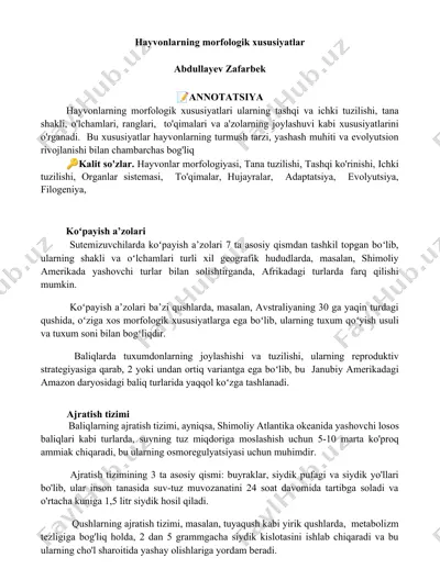 hayvonlarning morfologik xususiyatlari — DOCX