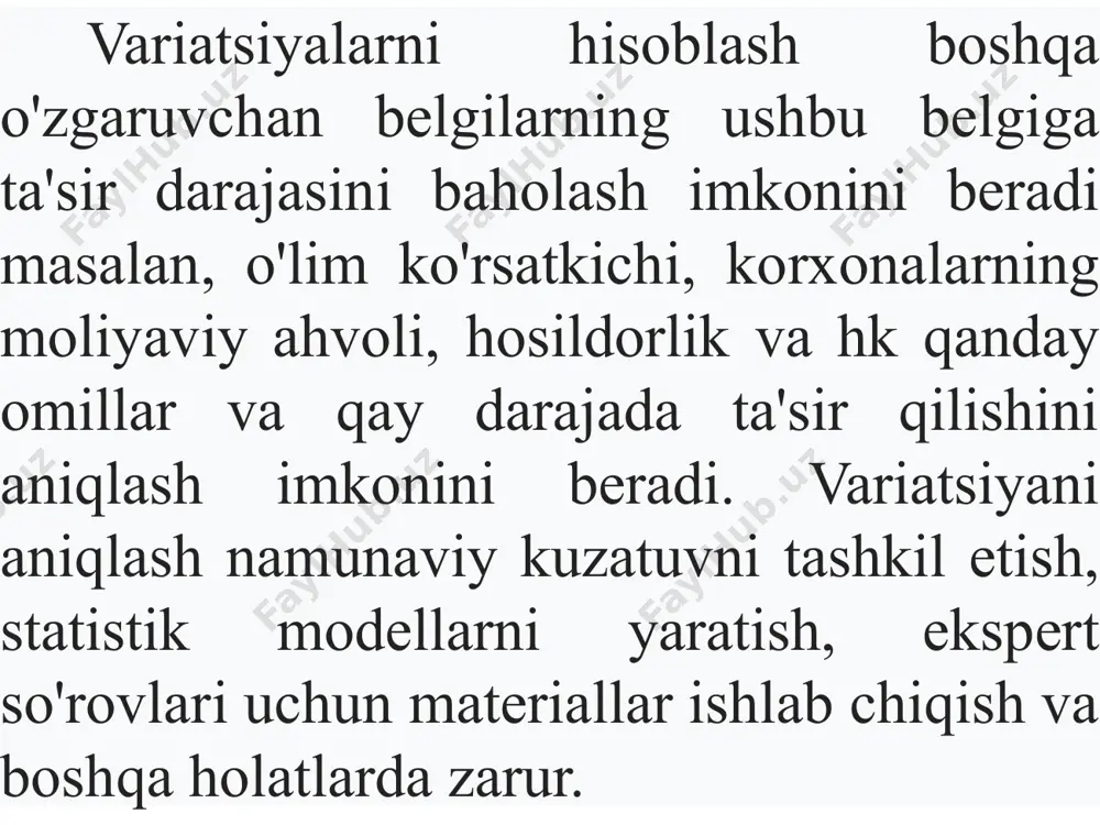 iklar soni yig‘indisiga bо‘lgan nisbat natijasidir. xi-variatsion qatorning alohida miqdorlari; -ularning о‘rtacha miqdori; n - hadlar soni (vazn); - hadlar yig‘indisi. yuqorida kо‘rib chiqilgandek, о‘rtacha arifmetik miqdorning matematik xususiyatlaridan biri shunda ediki, alohida miqdorlar bilan ularning о‘rtachalari о‘rtasidagi farq yig‘indisi nolga teng. shuning uchun ham bu yerda farqlar ishorasiga e’tibor berilmaydi, ular qavs ichiga olinmasdan tо‘g‘ri chiziq ichiga olinadi. natijada umumiy olingan yig‘indi iqtisodiy, real ma’noga ega bо‘lmaydi, shu sababli bu kо‘rsatkich amaliyotda deyarli qо‘llanilmaydi va uning о‘rniga dispersiya ishlatiladi. b-164-16 guruhida tahsil olayotgan 5 talabaning ish staji quyidagicha 2, 3, 4, 7 va 9 yilni tashkil etadi. bu yerda, о‘rtacha mutlaq tafovut oraliqli (guruhlangan) qatorlarda ishlatiladi (mahsulotning texnologik xususiyatlaridan kelib chiqib mahsulot sifatini tahlil qilishda, mahsulotni yetkazib berish uchun shartlashilgan majburiytalarni bajarilish tavsifini xarakterlash uchun). dispersiya alohida miqdorlar bilan ularning о‘rtacha miqdori о‘rtasidagi farqlar kvadratining tо‘plamdagi birliklar soni yig‘indisiga bо‘lgan nisbat natijasidir. dispersiya lotincha "dispersio" sо‘zidan olingan bо‘lib, tarqoqlik, …