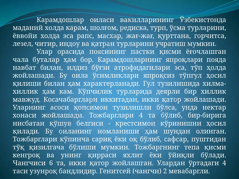 ) чиқаради. иккинчи йили ўзагидан гулпоя чиқариб, уруғлайди. гуллари сарғиш, шингилга тўпланган. меваси қўзоқ шаклида, июнь-июль ойларида етилади. уруғи юмалоқ, тўқ қўнғир тусли. карам овқатга ишлатилади, тузланади, консерва қилиб истеъмол қилинади. карамнинг оқ ва қизил, савой карами, брюссел карами, хитой карами, пекин карами, ўрмон карами, гулкарам, баргкарам каби турлари бўлиб, улар кўплаб экилади. ўзбекистонда биринчи рақам, грабовский-147 эртаги карам, слава-1305 ўрта пишар, тошкент-10 ўртача пишар, ўзбекистон-133 ўртача, кечпишар навлари экилади. карамнинг евросиё ва шимолий африкада 35 га яқин тури бор. кўпгина турлари ўрта денгиз атрофи ва хитойдан келиб чиққан. асосан, оқ бошли ва гулкарам экилади. оқ бошли карам навлари вегетатив (ўзаги, барг пластинкаси, тўп барги) ва ҳосил органлари (карам боши)нинг қатор морфологик белгилари билан бир-биридан фарқ қилади. ташқи ўзагининг бўйи 16-20 см, тўпбаргининг диаметри 60-80 см, бандининг узунлиги бўйича барглари бандсиз, 4-15 см. бандли, барглари майда 25-40 см, ўртача 40-50 см. ва йирик 50 см. ва ундан йирик бўлиши мумкин. …