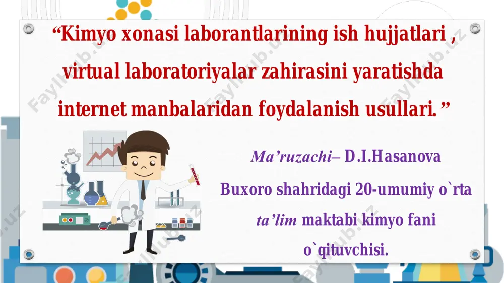 tegishli hujjatlar laborantning faoliyatiga tegishli hujjatlar fan xonasiga tegishli hujjatlar fan xonasi passporti inventarizatsiya daftari texnika xavfsizligi daftari fan xonasining yillik ish rejasi laborantning ish faoliyatiga tegishli hujjatlar yillik ish rejasi hamkorlik daftari laboratoriya ishlarini qayd qilish daftari dalolatnomalar yig’ma jildii “virtual laboratoriyalar zahirasini yaratishda internet manbalaridan foydalanish usullari.” 1.uyali aloqa vositalari-smartfonlardan videotajribalarni mobil qurilmaga yuklab olishda snap tube programmasidan foydalanish mumkin. kompyuterdan you tube tarmog’idan videotajribalarni yuklab olishda ummy light programmasini tavsiya qilaman.