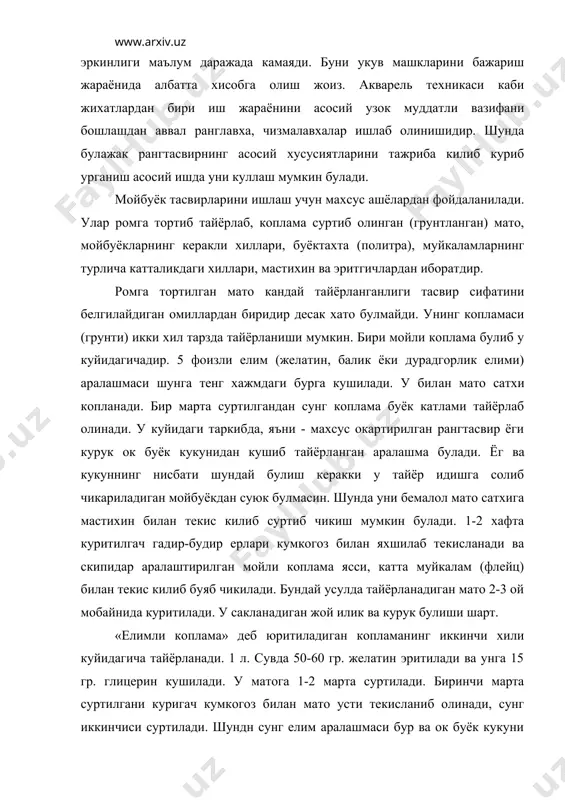 сий ишда уни куллаш мумкин булади. мойбуёк тасвирларини ишлаш учун махсус ашёлардан фойдаланилади. улар ромга тортиб тайёрлаб, коплама суртиб олинган (грунтланган) мато, мойбуёкларнинг керакли хиллари, буёктахта (политра), муйкаламларнинг турлича катталикдаги хиллари, мастихин ва эритгичлардан иборатдир. ромга тортилган мато кандай тайёрланганлиги тасвир сифатини белгилайдиган омиллардан биридир десак хато булмайди. унинг копламаси (грунти) икки хил тарзда тайёрланиши мумкин. бири мойли коплама булиб у куйидагичадир. 5 фоизли елим (желатин, балик ёки дурадгорлик елими) аралашмаси шунга тенг хажмдаги бурга кушилади. у билан мато сатхи копланади. бир марта суртилгандан сунг коплама буёк катлами тайёрлаб олинади. у куйидаги таркибда, яъни - махсус окартирилган рангтасвир ёги курук ок буёк кукунидан кушиб тайёрланган аралашма булади. ёг ва кукуннинг нисбати шундай булиш керакки у тайёр идишга солиб чикариладиган мойбуёкдан суюк булмасин. шунда уни бемалол мато сатхига мастихин билан текис килиб суртиб чикиш мумкин булади. 1-2 хафта куритилгач гадир-будир ерлари кумкогоз билан яхшилаб текисланади ва скипидар аралаштирилган мойли коплама ясси, …