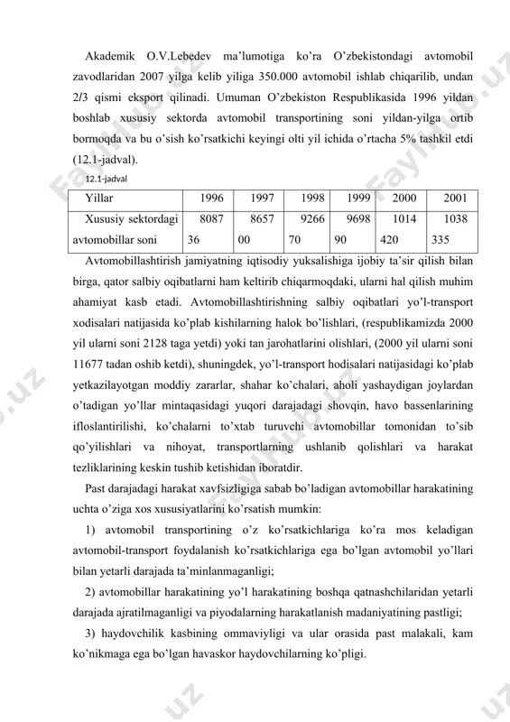 yatlarini ko’rsatish mumkin: 1) avtomobil transportining o’z ko’rsatkichlariga ko’ra mos keladigan avtomobil-transport foydalanish ko’rsatkichlariga ega bo’lgan avtomobil yo’llari bilan yetarli darajada ta’minlanmaganligi; 2) avtomobillar harakatining yo’l harakatining boshqa qatnashchilaridan yetarli darajada ajratilmaganligi va piyodalarning harakatlanish madaniyatining pastligi; 3) haydovchilik kasbining ommaviyligi va ular orasida past malakali, kam ko’nikmaga ega bo’lgan havaskor haydovchilarning ko’pligi. mamlakatimizdagi iqtisodiy tarmoqni rivojlantirishda yo’l sohasining roli katta bo’lib, u ishlab chiqarish sohasi va iqtisodiy mustaqillikni mustahkamlash va o’zbekiston respublikasini jahon hamjamiyatiga faol kirib borishi natijasida uni yuqori darajadagi avtomagistrallar bilan ta’minlash transport kommunikatsiyalarining a’lo darajada rivojlantirishni talab etadi, bu esa birinchi navbatda avtomobil yo’llarining ustivor tarzda rivojlantirib borishni talab etadi. o’zbekistonning jahon bozoriga chiqishi uchun transport yo’laklarini shakllantirish bo’yicha maqsadli tadbirlar o’tkazilmoqda hamda respublika va chet el yaqin-uzoq mamlakatlari avtomobil yo’llari integratsiyasi va hamkorlik bo’yicha qator ishlar amalga oshirilmoqda. bularga quyidagi transport yo’laklarini misol qilib ko’rsatish mumkin. · toshkent-andijon-o’sh-irkishtim-qashqar-lyanьyunьgan-shanxay; · toshkent-samarqand-buxoro-chorjo’y-ashgabat-mashhad-bender-abbos; · termez-shibirg’on-moymona-hirot-qondoxor-chaman-kvetta-karachi; · qizilo’rda-uchquduq-nukus-toshhovuz-ashgabad-mashhad-bender-abbas. buyuk …