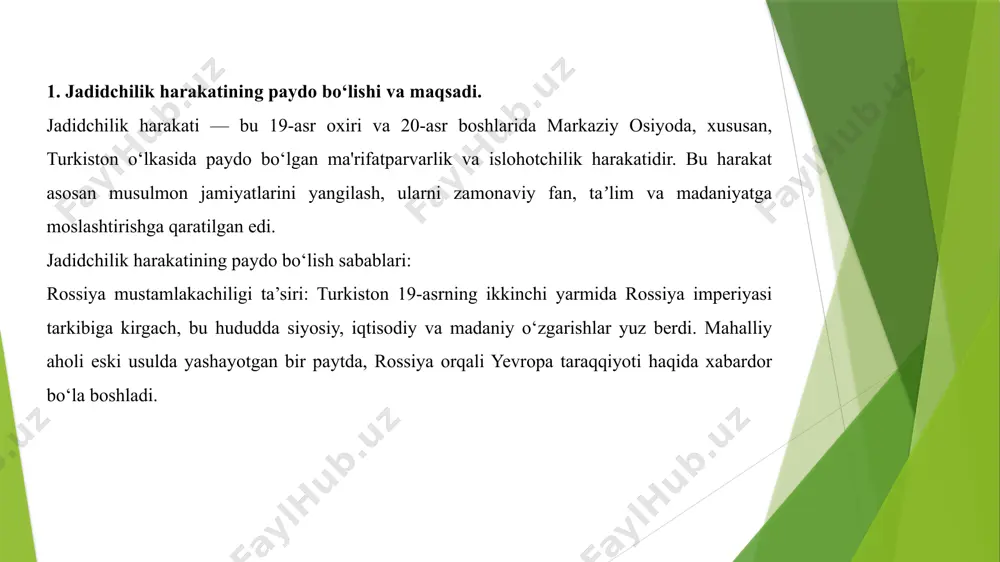 lariga” — yoshlarga murojaat qilib, ilm va mehnatga chorlaydi. sovet bosqini va mustabid siyosatga qarshi “yashirin” yo‘sinda kurashdi. u she’rlarida dard, ozodlik, millat g‘amini kuyladi. 5. cholpon (abdulhamid sulaymon o‘g‘li) (1893–1938) ijodi va mavzulari: shoir va proza ustasi. “uyg‘onish” — xalqni uyg‘otishga chaqiruvchi she’riy to‘plam. “kecha va kunduz” (1936) — o‘zbek adabiyotidagi ilk realistik roman, unda ayollar erkinligi, jamiyatdagi zulm tasvirlanadi. “o‘zbek yoshlariga” — yoshlarga murojaat qilib, ilm va mehnatga chorlaydi. sovet bosqini va mustabid siyosatga qarshi “yashirin” yo‘sinda kurashdi. u she’rlarida dard, ozodlik, millat g‘amini kuyladi. 6. abdulla qodiriy (1894–1938) adabiy yondashuvi: “o‘tkan kunlar” (1925) — ilk tarixiy roman. 19-asr buxoro amirligi zamonini tasvirlaydi. “mehrobdan chayon” — diniy zo‘ravonlik, riyo va johillikka qarshi asar. cholpon bilan birgalikda jadid adabiyotini badiiy yetuklik darajasiga olib chiqdi. jamiyat islohoti, milliy o‘zlik, tarixiy xotira g‘oyalari bilan jadid adabiyotining asosiy yo‘nalishlarini boyitdi. abdurauf fitratning jadidchilikdagi ro‘li 1. jadid g‘oyalarining nazariy asoschisi fitrat jadidchilik harakatining …
