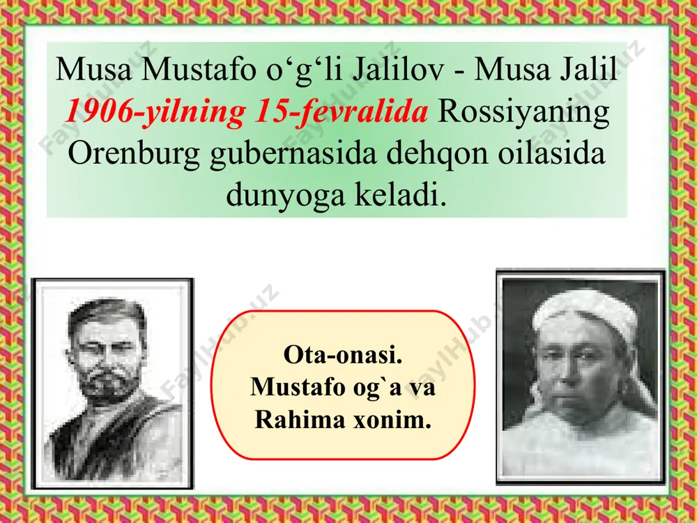 kcha qotilga tiz cho‘kmayman, qotil, qarshingda, tutqun qilsang, quldek ezsang ham. o`lsam tikka turib o‘laman, bolta bilan boshim kessang ham. sendaylarning mingtang o‘rniga afsus, otdim yuztangni — bu kam. qaytib borgach uzr so‘rayman men xalqimdan shuning uchun ham. 1943 qushcha uch, qushcha, hur qo‘shig‘im bo‘lib! – shudir sendan so‘nggi tilagim. tanim qolsin bunda (tan nima?) ona yurtga borsin yuragim. bilimingizni sinang! musa jalilning dastlabki to’plami qaysi va qaysi davrgacha yozilgan she`rlarini qamrab olgan? musa jalilning ilk she`ri qachon qaysi gazetada bosilib chiqadi? musa jalilning “xat tashuvchi” poemasida nima tasvirlangan? musa jalilning butun mamlakatda juda katta dovruq qozongan va davlat mukofoti bilan taqdirlangan asari? musa jalilning “ishonma” she`ri qachon yozilgan va qaysi to’plamiga kiritilgan?– musa jalilning “moabit daftari” to’plami tarjimoni kim? o`ylab ko`ring «ishonma» she’rida shoirning qanday kechinmalari badiiy ifodasini topgan? nima sababdan shoir «bu so‘zni "do‘stlar aytmas, meni sevsalar» deya ishonch bilan ta’kidlaydi? audio1.wav image2.jpeg image3.jpeg image4.jpeg image5.jpeg image6.jpeg image7.jpeg …