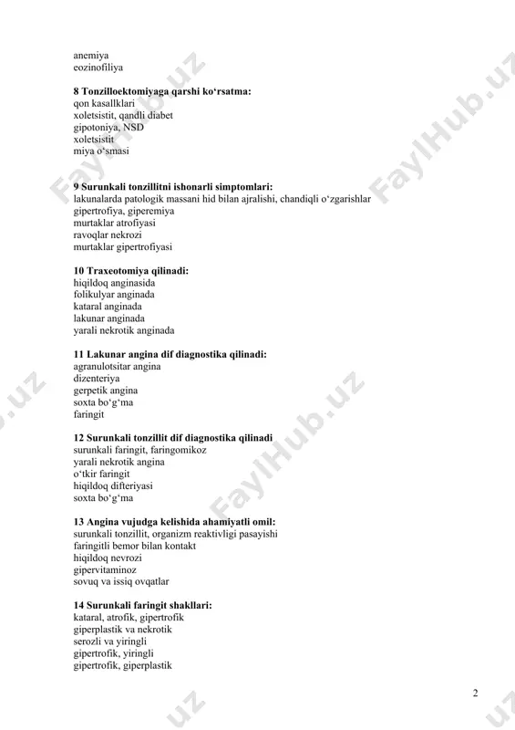 : surunkali tonzillit, organizm reaktivligi pasayishi faringitli bemor bilan kontakt hiqildoq nevrozi gipervitaminoz sovuq va issiq ovqatlar 14 surunkali faringit shakllari: kataral, atrofik, gipertrofik giperplastik va nekrotik serozli va yiringli gipertrofik, yiringli gipertrofik, giperplastik 15 faringitlar vujudga kelishida muhim omil: temperatura va namlik o‘zgarishi, changlar cho‘kmalar miqdorini oshishi insolyatsiya past temperatura gipervitaminoz 16 paratonzillyar absessda yiring joylashadi: paratonzillyar kletchatkada tanglay ravoqlari ichida lakunalarda shilliq osti qavatda bo‘yin mushaklari orasida 17 adenoidlarda eshitish pastligiga sabab bo‘ladi: yevstaxiy nayini berkilishi eshituv analizatori retseptorlari blokadasi burundan nafas olish qiyinlashishi hiqildoq nevrozi xoanal polip 18 ikkilamchi angina vujudga keladi: qizamiq, skarlatina tif, vabo meningit, brutsellyoz tif, qizamiq skarlatina, malyariya 19 tonzilloektomiyadan so‘ng vujudga keladigan asoratlar: qon ketish nafas etishmovchiligi hiqildoqning reflektor torayishi anemiya halqumda chandiqli o‘zgarishlar 20 halqum orti absessi vujudga keladi: qizamiq, skarlatina, gripp,o‘tkir faringit pnevmoniya ,meningitdan so‘ng ovqatdan zaxarlanish va o‘tkir intoksikatsiyalar sovuq ovqatlar ist’emol qilganda umumiy sovuq qotish 21 adenotomiya qanday …