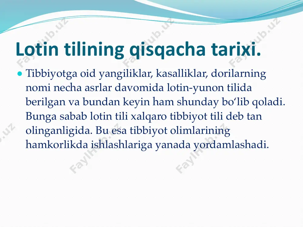 poman, katalon kabi tillar ajralib chiqdi. (roman tillari deyilishiga sabab roman-rimlik degan ma’noni anglatadi.) lotin tilining qisqacha tarixi. ● britaniya va g’arbiy germaniyada lotin tili o‘rnini german tillari, norina va pannoniya da slavyan tillari egalladi. natijada lotin tili o‘zining ta'sir doirasini yo‘qotgan va hech kim so‘zlashmaganligi uchun olik tilga aylanib qolgan. lotin tilining qisqacha tarixi. ● lotin tili xv-xvi asrlargacha barcha katolik mamlakatlarda cherkov, fan, yuridik hujjatlar, tibbiyot tili; yuristlar, chinovniklar, ruhoniylarning jonli tili vazifasini ham bajardi. lotin tilining qisqacha tarixi. ● ix-xi asrlarda markaziy osiyoda yashgan abu ali ibn sino, axmad farg’oniy, muso xorazmiy, abu rayhon beruniy, abu nasr farobiy kabi mutaffakkir olimlarimiz ham lotin tilini o’rganishgan, qadimgi yunon va rimlik olimlarning manbalarini o’qib o’z bilimlarini boyitishgan. o’z ilmiy ishlarini olib borishgan. lotin tilining qisqacha tarixi. ● xvi-xvii asrlarda yevropaning ilg’or davlatlaridagi olimlar tomonidan abu ali ibn sino, axmad farg’oniy, muso xorazmiy, abu rayhon beruniy, abu nasr farobiy kabi …
