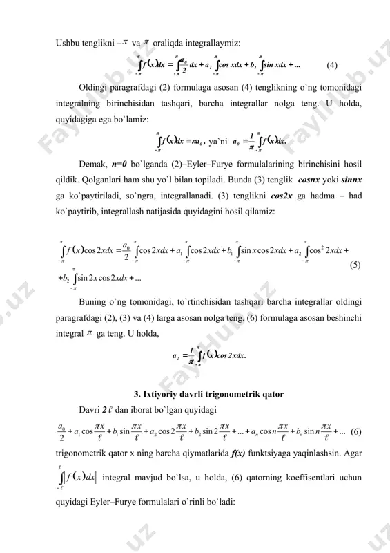 r (- , ) oraliqda aniqlangan bo`lsin. bu funktsiya argument ishorasining o`zgarishi bilan o`z ishorasini o`zgartirmasa, ya`ni: (1) bo`lsa, f (x) toq funktsiya; agar o`z ishorasini o`zgartirsa, ya`ni bo`lsa, juft funktsiya deb nomlanadi. quyidagi va integrallar juft funktsiyalar bo`lganda o`zaro teng, toq bo`lganda esa ishoralari bilan farqlanadi. shuning uchun juft funktsiyalar uchun (3) toq funktsiyalar uchun esa (4) interallar o`rinlidir. juft funktsiyalar uchun furye qatorida sinuslar ishtirok etmaydi. u holda, furye koeffisiyenti quyidagicha bo`ladi: (5) toq funktsiyalar uchun furye qatorida kosinuslar va ozod hadlar ishtirok etmaydi. u holda, furye koeffisiyenti (6) ko`rinishga ega bo`ladi. 1-misol. f(x)=x funktsiya toqdir. uning furye qatorida kosinus va ozod had ishtirok etmaydi. bn koeffisiyentlari quyidagicha bo`ladi: 2-misol. f (x)=׀x׀ funktsiya juft. u holda, uning furye qatorida sinuslar ishtirok etmaydi. a0 koeffisiyent quyidagiga teng bo`ladi: (7) n≠0 bo`lganda an koeffisiyent quyidagidan iborat bo`ladi: (8) ya`ni (bunda k=1,2,3,…). (9) funktsiya uchun furye qatori quyidagidan iborat: (10) _1405949548.unknown …